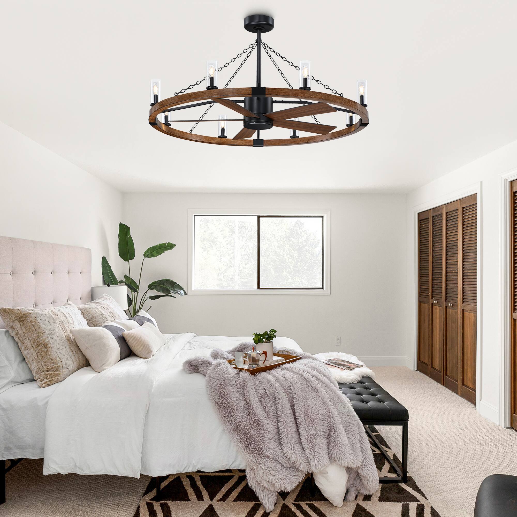 Left. Parrot Uncle - 52" Black Modern Wagon Wheel Chandelier Ceiling Fan with Light and Bubble Acrylic Shade - Black.