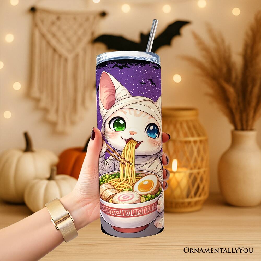 Back. OrnamentallyYou - Kawaii Halloween Ramen Sphynx Cat 20oz Tumbler With Lid and Stainless Steel Straw - Multicolored.