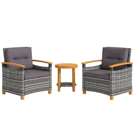 Front. PULUZ - Outdoor Bistro Set Wicker Patio Furniture with Cushions for Porch, Backyard, Garden - Gray.