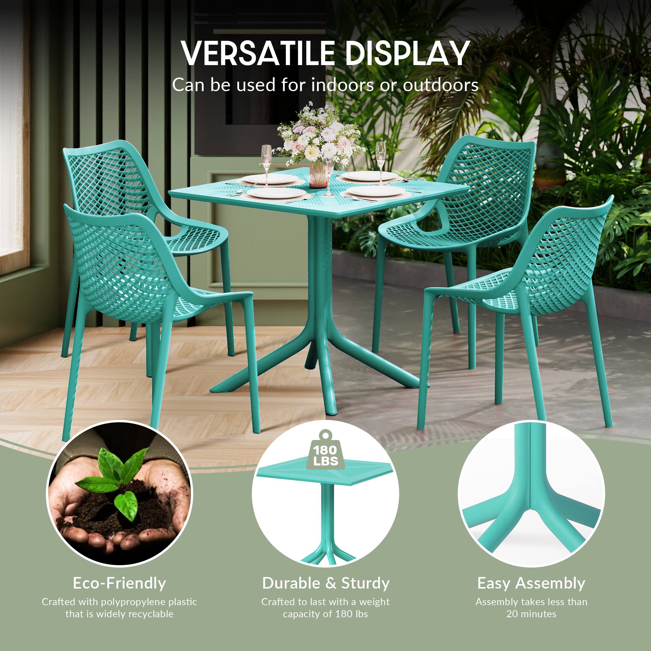 VERSATILE DISPLAY  
Can be used for indoors or outdoors  

180 LBS  
Eco-Friendly  
Crafted with polypropylene plastic that is widely recyclable  

Durable & Sturdy  
Crafted to last with a weight capacity of 180 lbs  

Easy Assembly  
Assembly takes less than 20 minutes
