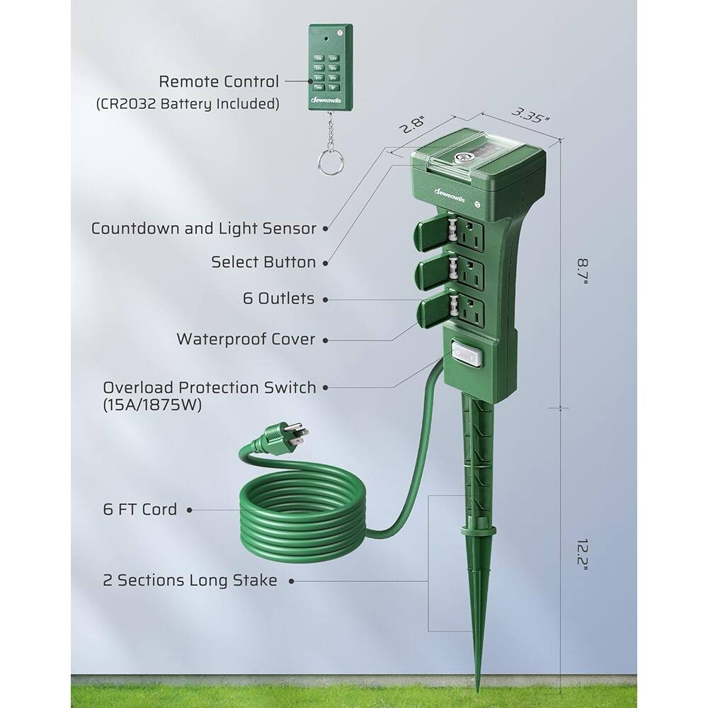 Alt View 3. RTMB - Outdoor Power Stake Timer 6 Outlets, Remote 100FT, Dusk-to-Dawn, 15A - Green.