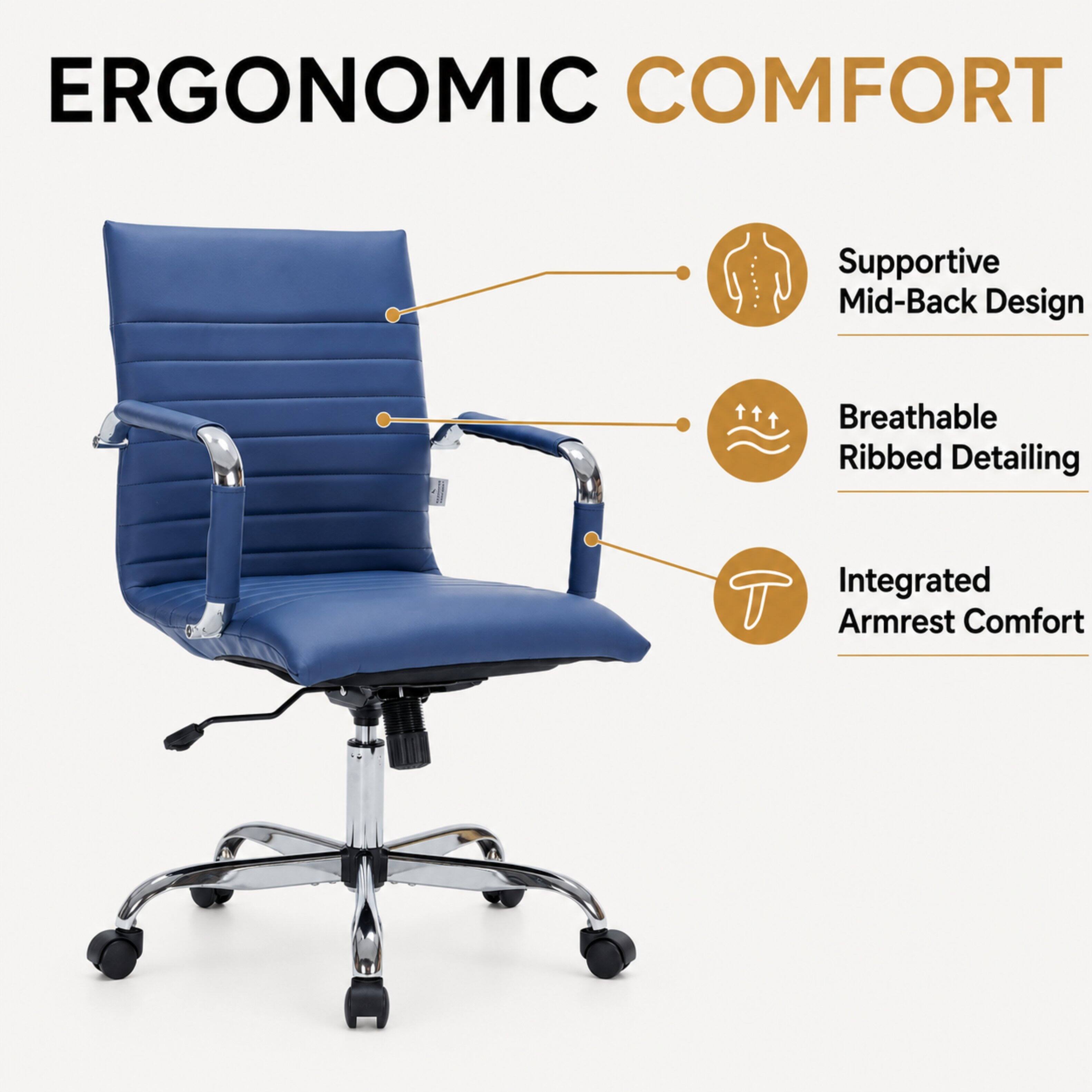 ERGONOMIC COMFORT

- Supportive Mid-Back Design
- Breathable Ribbed Detailing
- Integrated Armrest Comfort