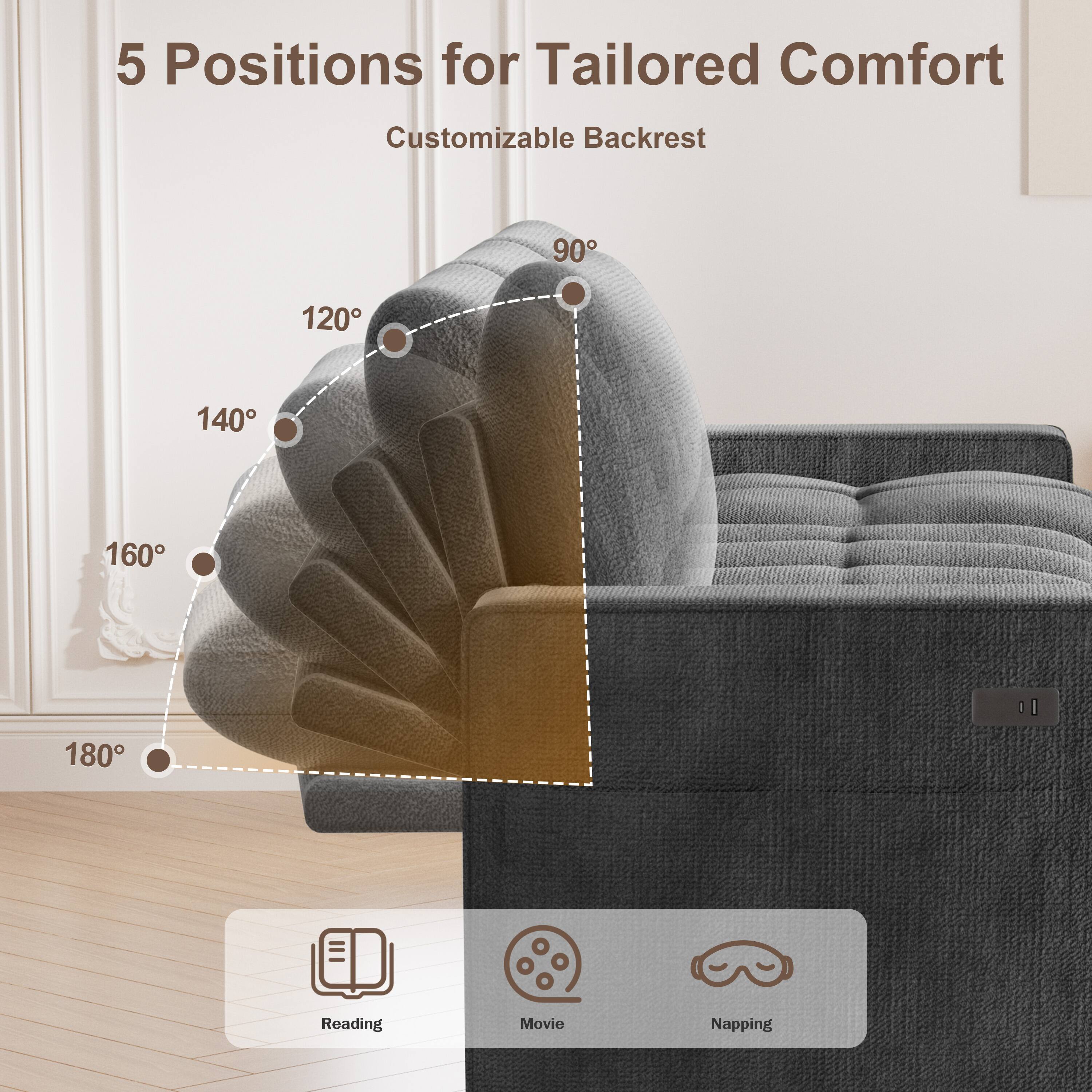 Alt View 2. Dyonery - 105" U Shaped Couch Sleeper Sofa, Pull Out Couch with Reclining Backrest, Reversible Storage Chaise, USB Ports - Grey.