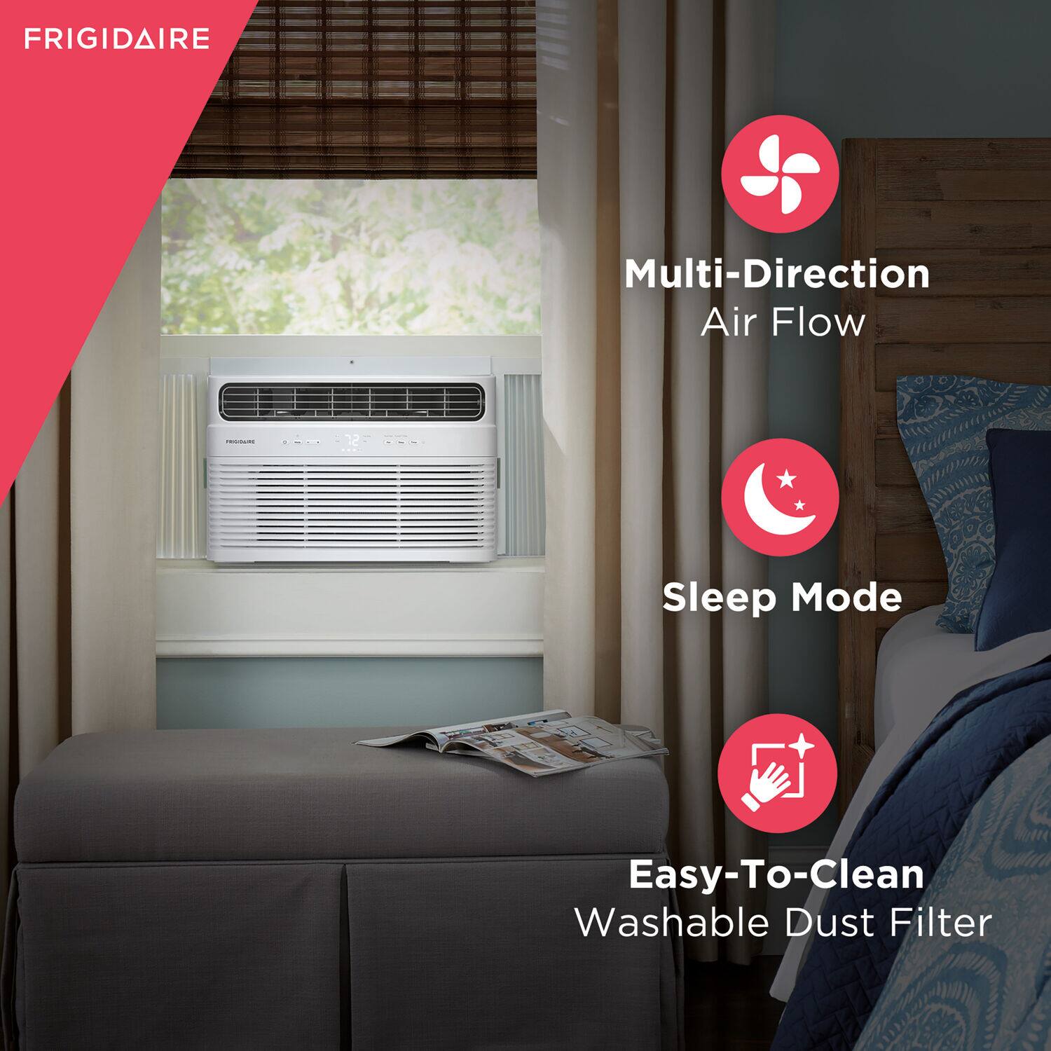 The text on the image can be grouped and corrected as follows:

Frigidaire Multi-Direction Air Flow - 12 NN Sleep Mode Easy-To-Clean Washable Dust Filter.