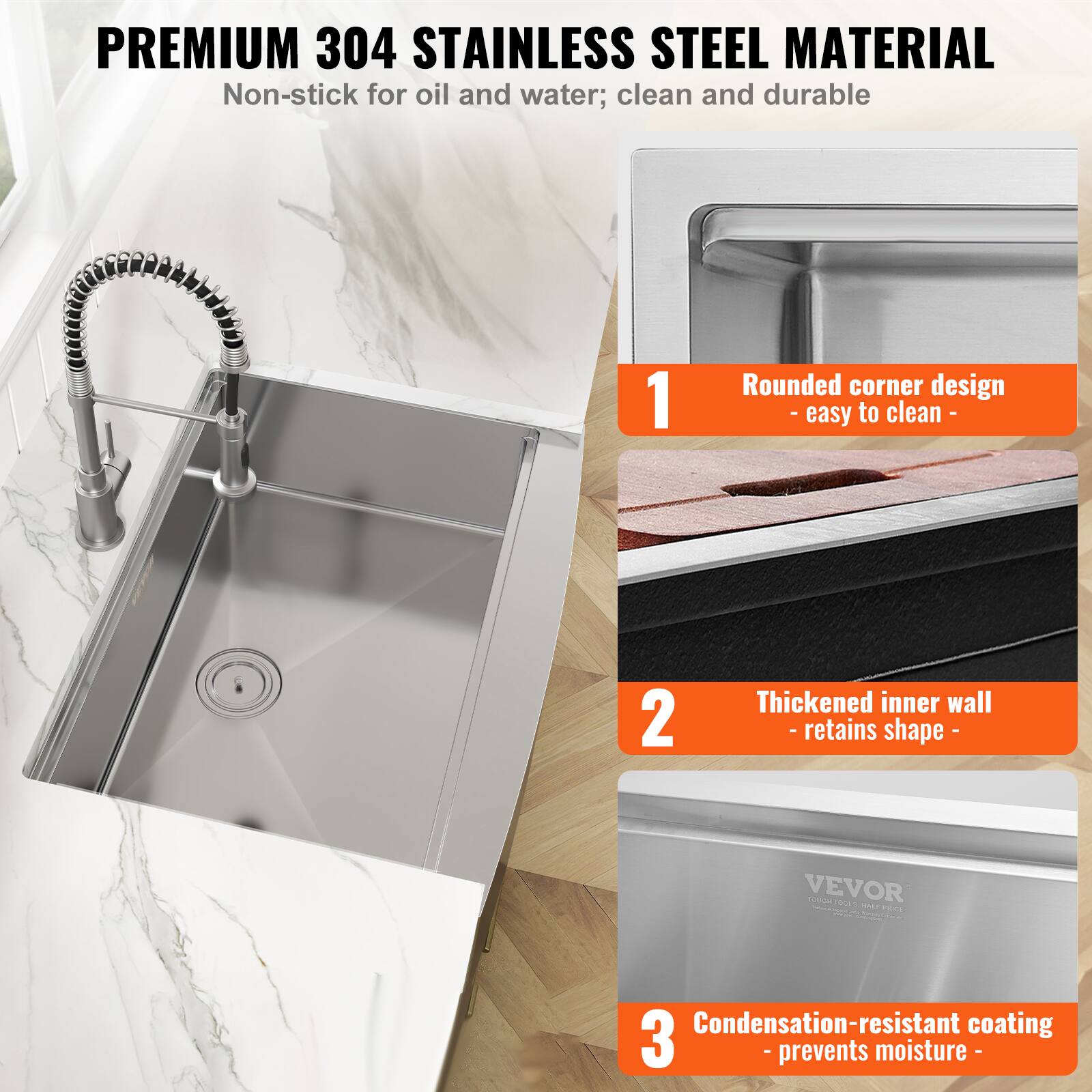 PREMIUM 304 STAINLESS STEEL MATERIAL  
Non-stick for oil and water; clean and durable

1. Rounded corner design - easy to clean
2. Thickened inner wall - retains shape
3. Condensation-resistant coating - prevents moisture