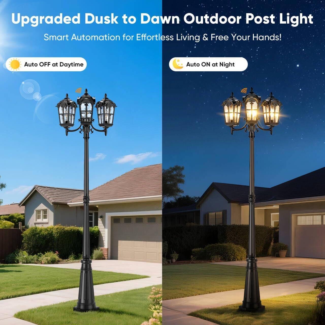 Upgraded Dusk to Dawn Outdoor Post Light  
Smart Automation for Effortless Living & Free Your Hands!  

Auto OFF at Daytime  
Auto ON at Night