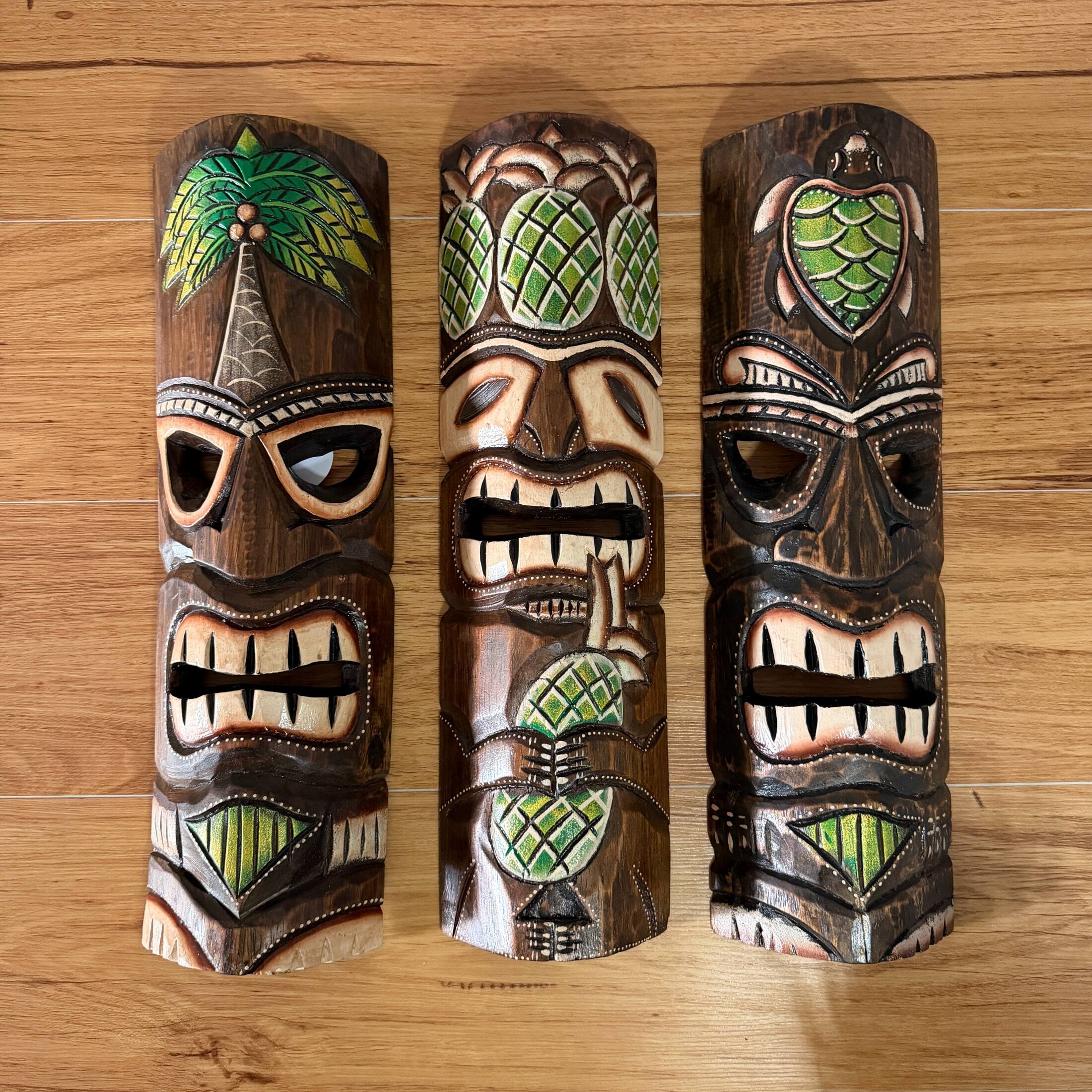 Alt View 7. Zeckos - Hand Carved Wood Tiki Mask Set of 3 Palm Tree Pineapple Turtle 19in Wall Decor - Green.