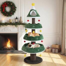 Costway - 70.5 inch Tall Christmas Cat Tree with 3 Plush Platforms, Enclosed Top Perch - Green+Yellow+White+Brown+Red