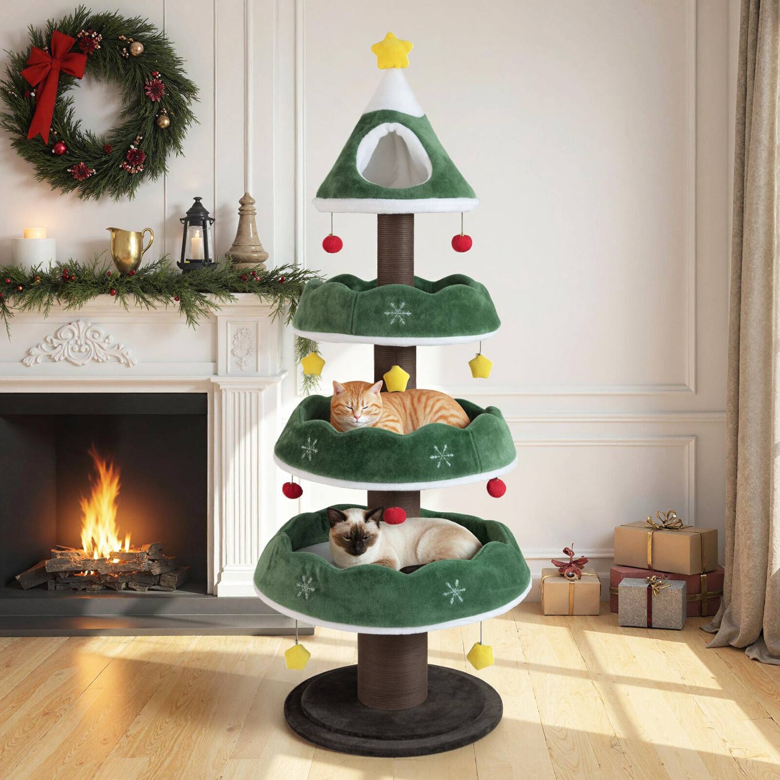 Front. Costway - Costway 70.5 inch Tall Christmas Cat Tree with 3 Plush Platforms, Enclosed Top Perch - Green+Yellow+White+Brown+Red.