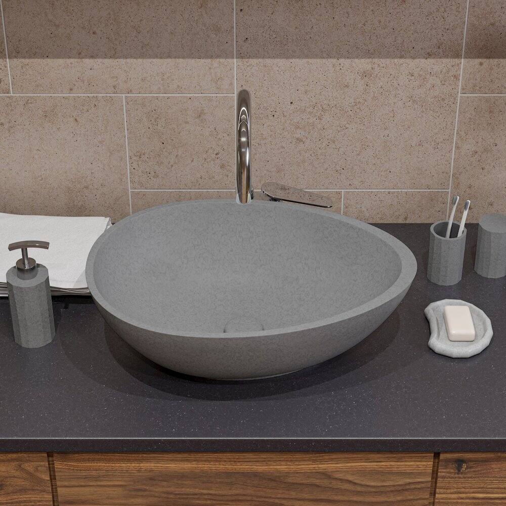 Left. Alfi - 21" Solid Concrete Tear Drop Above Mount Vessel Sink - Gray.