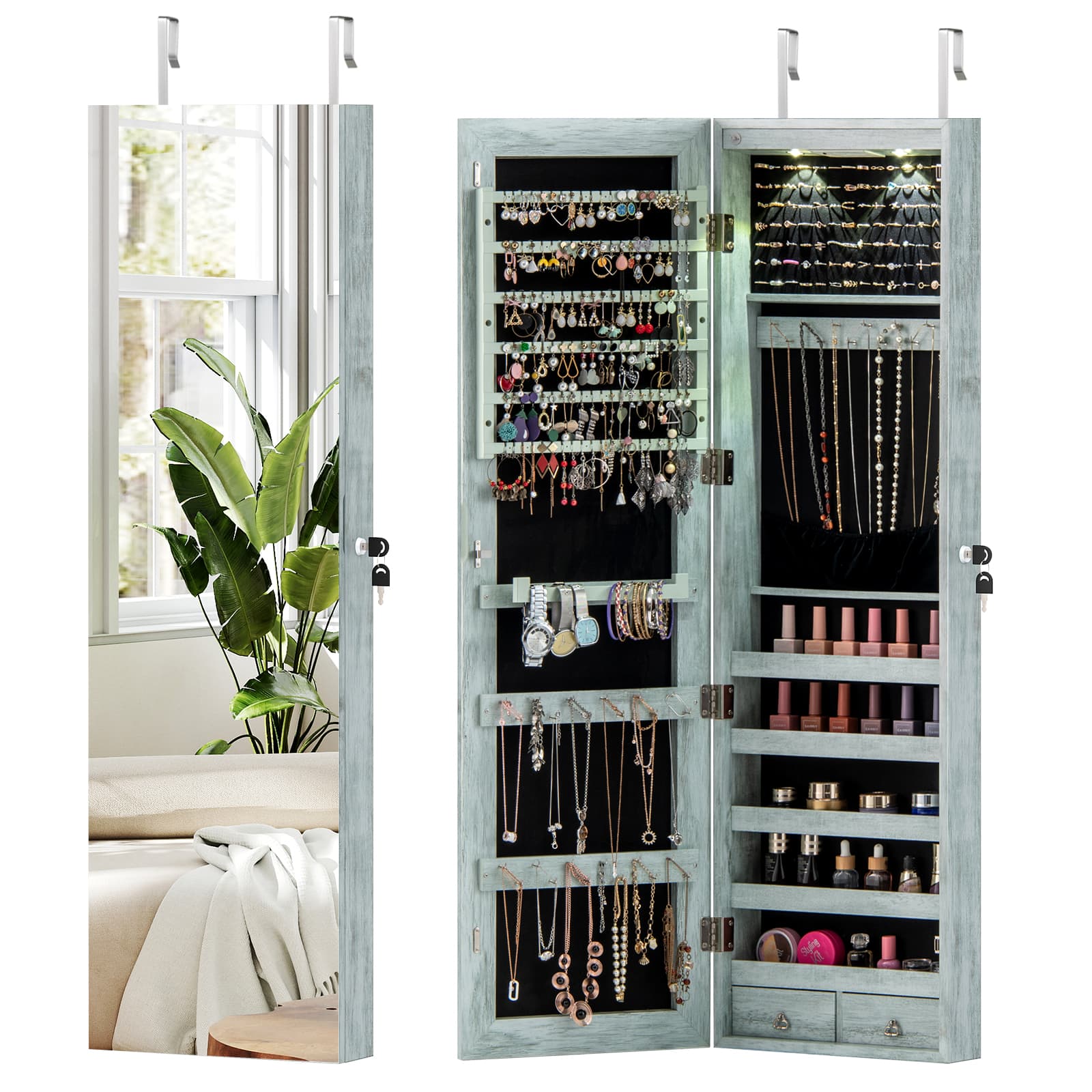 Costway - Mirrored Wall & Door Mounted Jewelry Cabinet Storage Organizer with Lights&Drawer - Navy price history on PriceWatchPro
