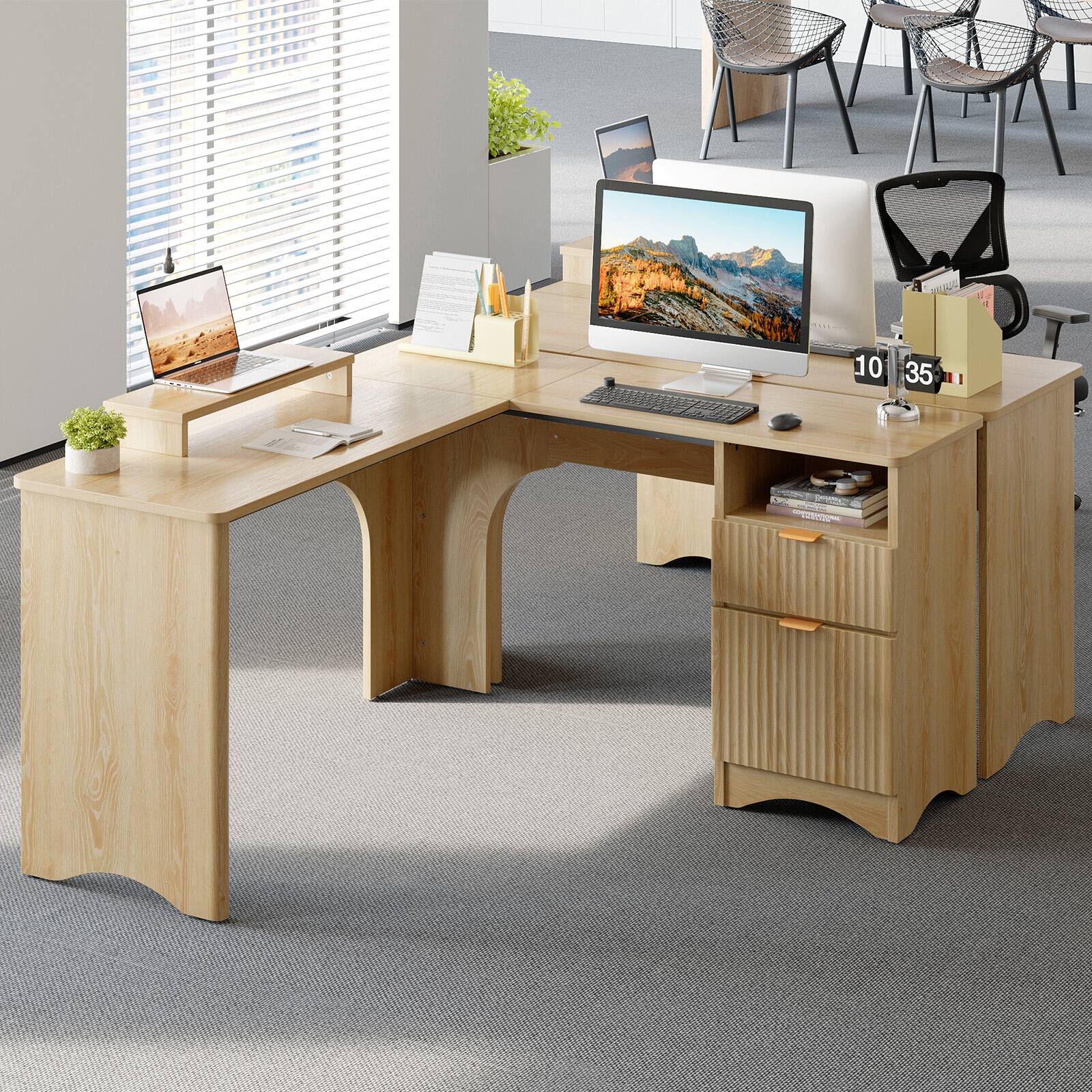 Alt View 6. Bestier - 55inch L-Shaped Computer Desk with File Drawer Monitor Stand and Fluted Panels Office Desk - Natual Oak.