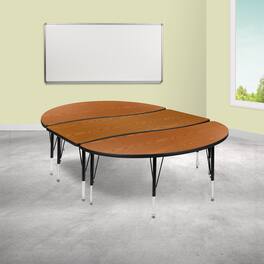 Emma + Oliver - 3 Piece 86" Oval Wave Collaborative Grey Kids Adjustable Activity Table Set - Oak