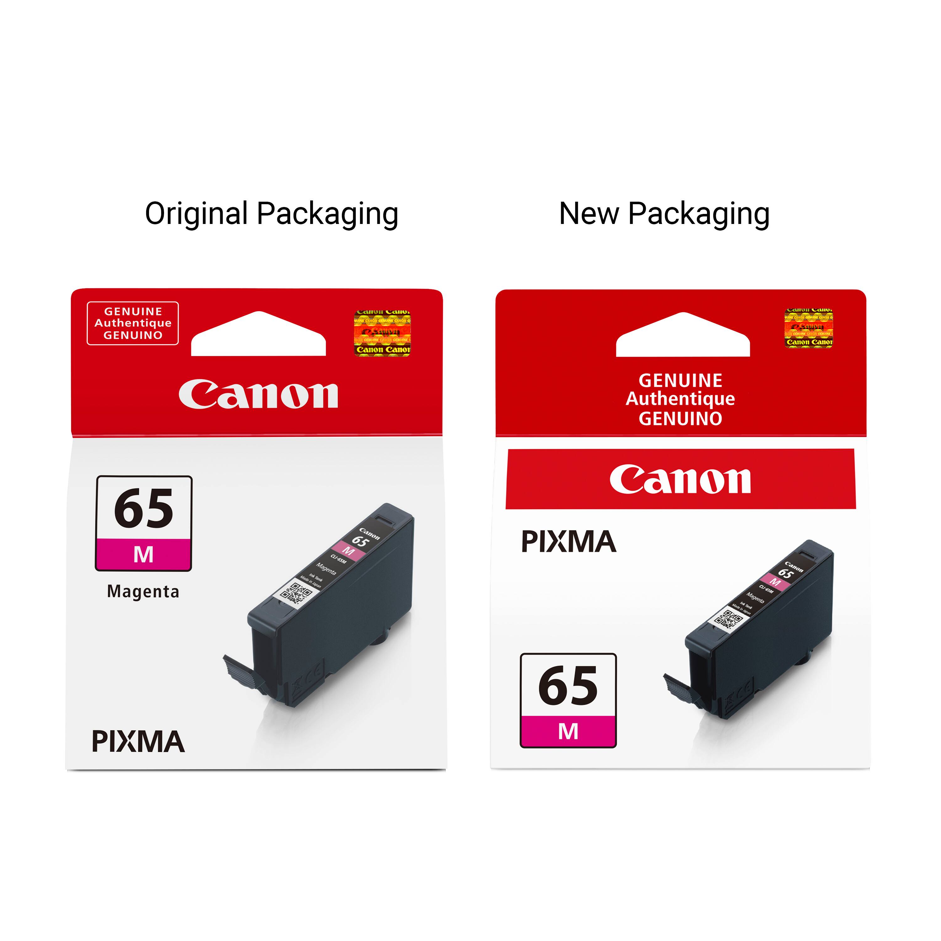 Original Packaging  
New Packaging  
GENUINE Authentique GENUINO  
Canon  
65 M Magenta  
PIXMA  

Canon  
GENUINE Authentique GENUINO  
65 M Magenta  
PIXMA