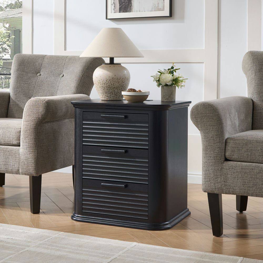 Back. Kadyn - Resenkos 22" Wide Fluted Nightstand with Charging Station, 3-Drawer Wood End Table for Bedroom & Living Room - Black.