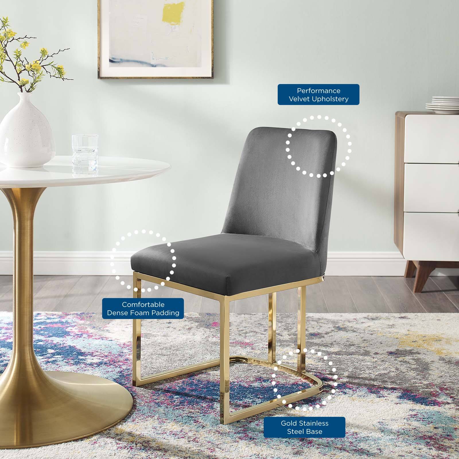 - Performance Velvet Upholstery
- Comfortable Dense Foam Padding
- Gold Stainless Steel Base