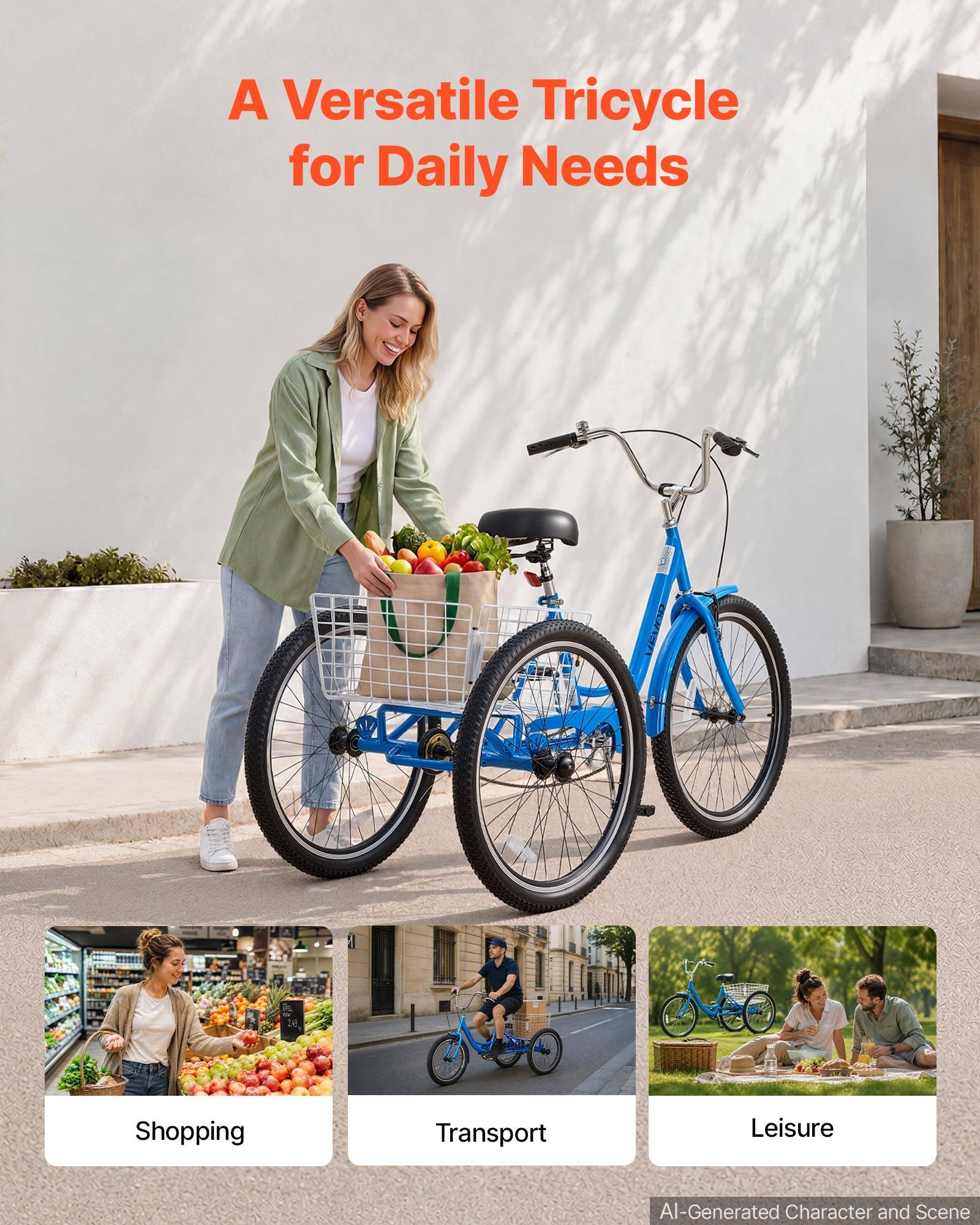 A Versatile Tricycle for Daily Needs

- Shopping
- Transport
- Leisure

AI-Generated Character and Scene