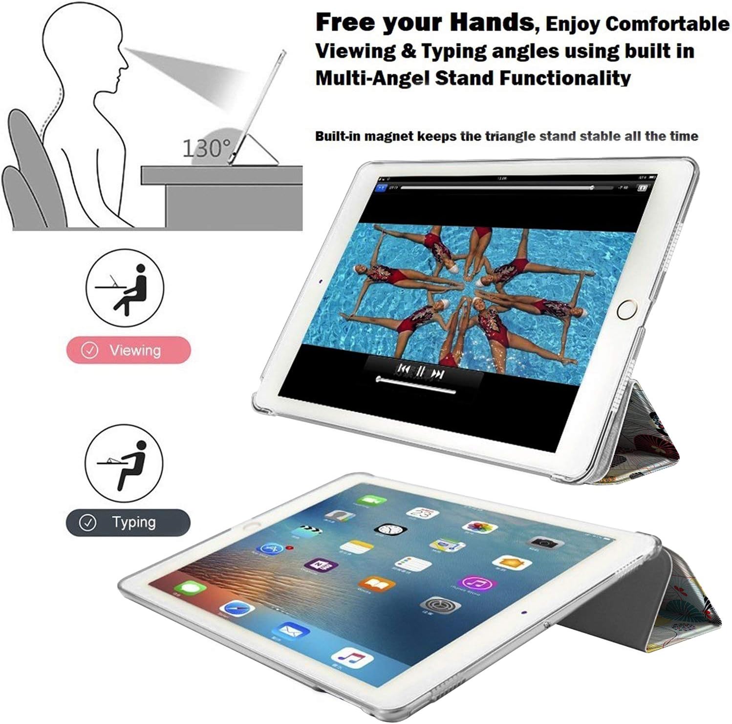 Free your Hands, Enjoy Comfortable Viewing & Typing angles using built in Multi-Angel Stand Functionality

130°

Built-in magnet keeps the triangle stand stable all the time

Viewing

Typing