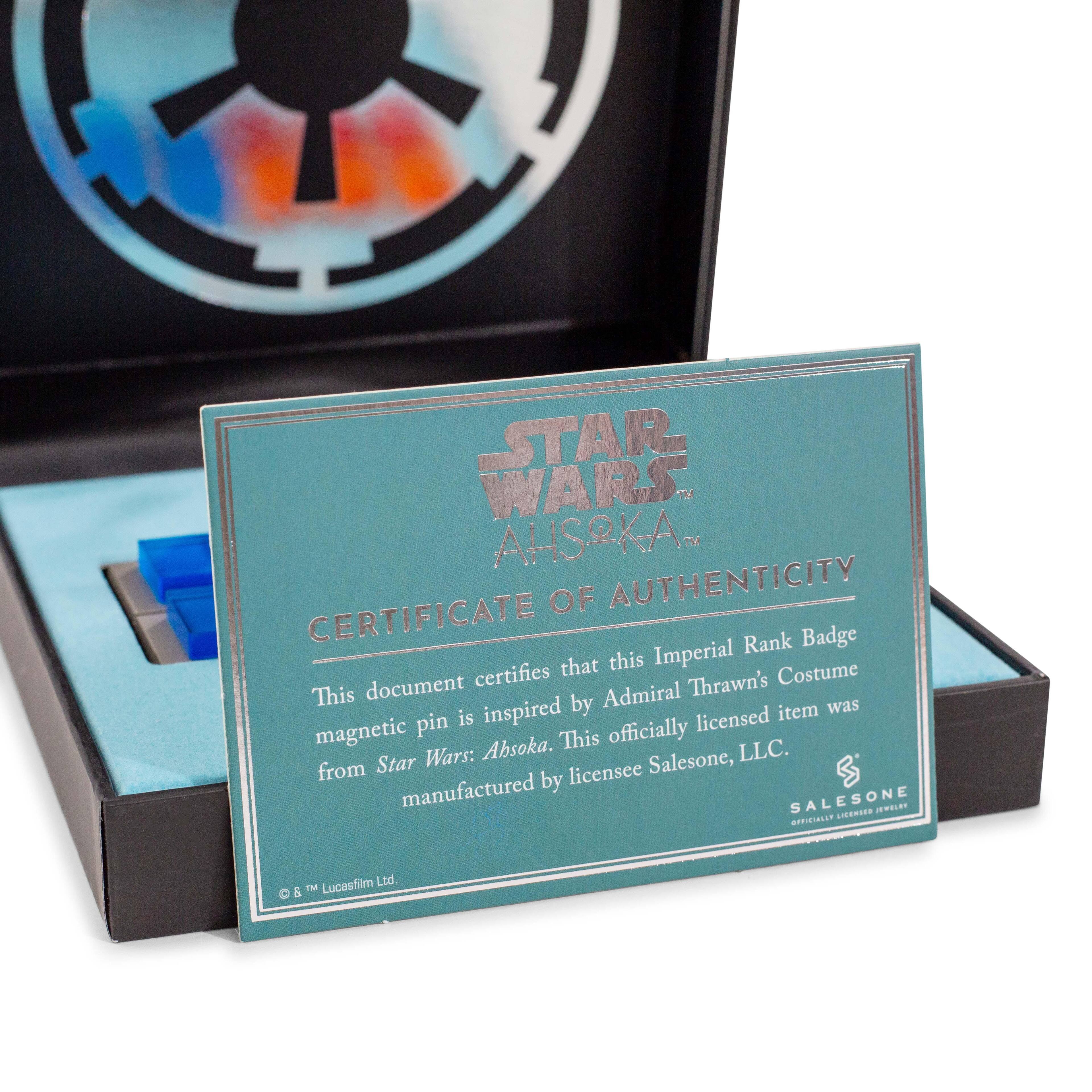 STAR WARS ABSOKA  
CERTIFICATE OF AUTHENTICITY  

This document certifies that this Imperial Rank Badge magnetic pin is inspired by Admiral Thrawn's Costume from Star Wars: Absoka. This officially licensed item was manufactured by licensee Salesone, LLC.  

© & ™ Lucasfilm Ltd.