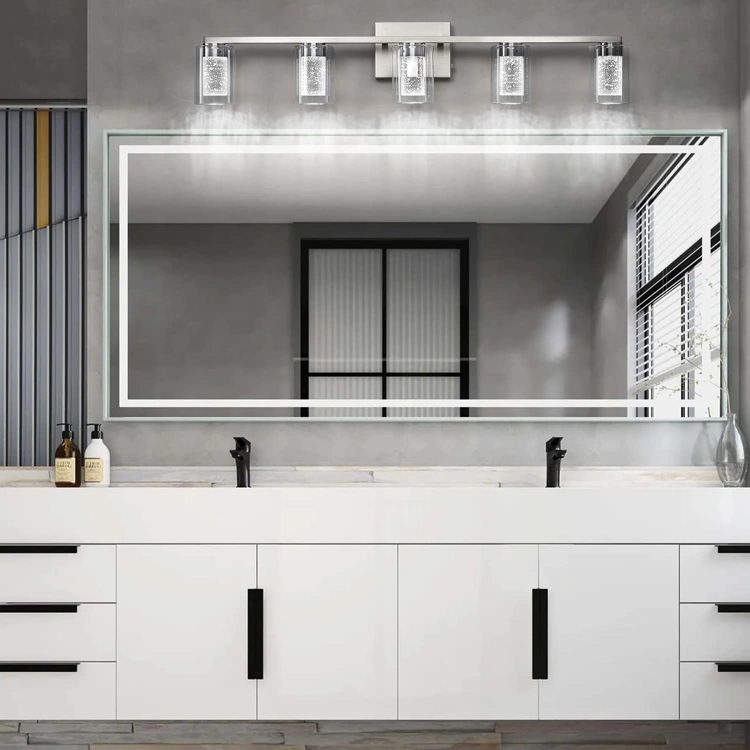 Alt View 3. Earthley Blooms - Bathroom Light Fixtures Brushed Nickel Vanity Over Mirror Color Led Lights With Crystal Bubble Glass Dimmab - Brushed Nickel 6 Light.