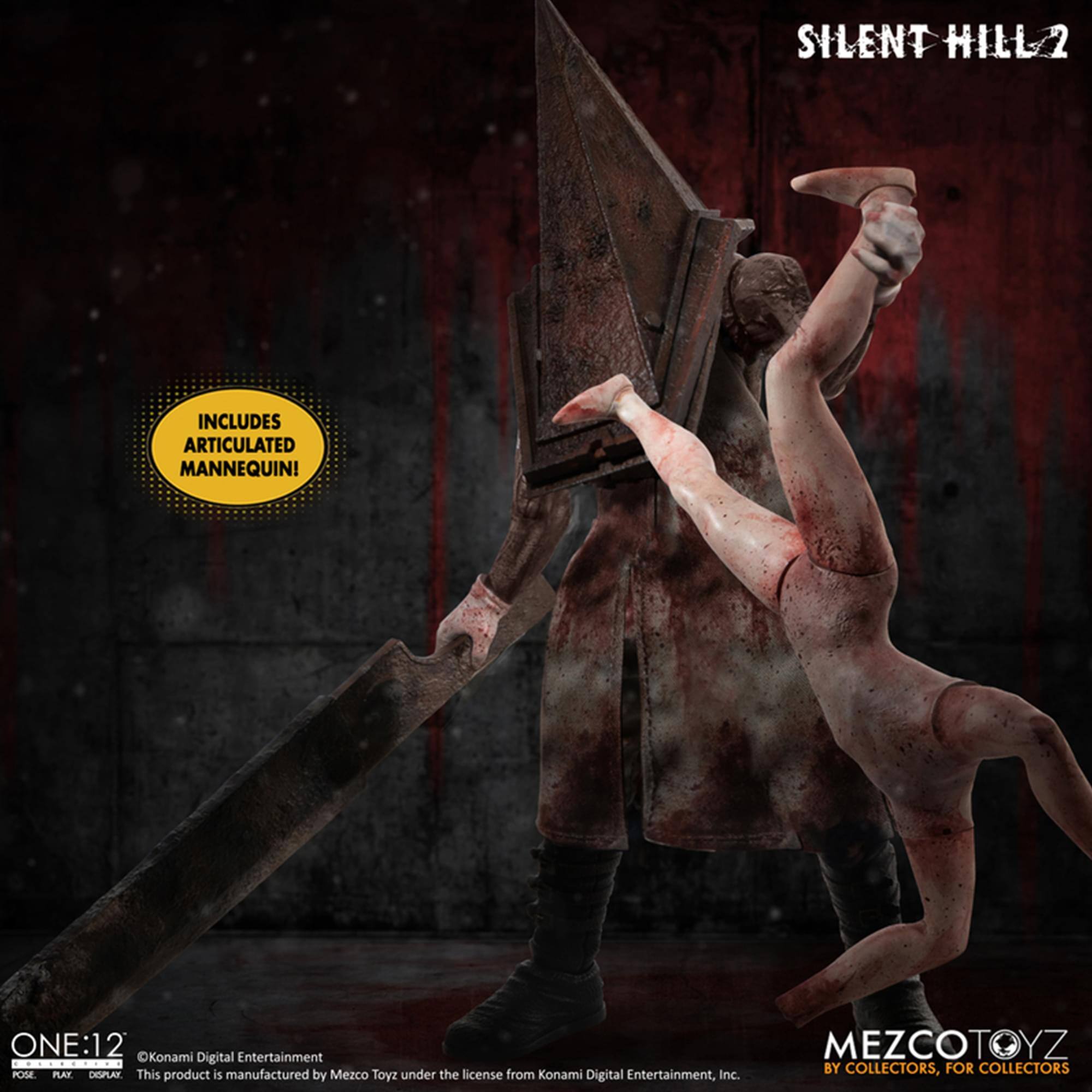Silent Hill 2 includes articulated mannequin! One:12 Konami Entertainment E Digital Pose Platt Display. This product is manufactured by Mezco Toyz under the license from Konami Digital Entertainment, Inc. Mezco Toyz by collectors, for collectors