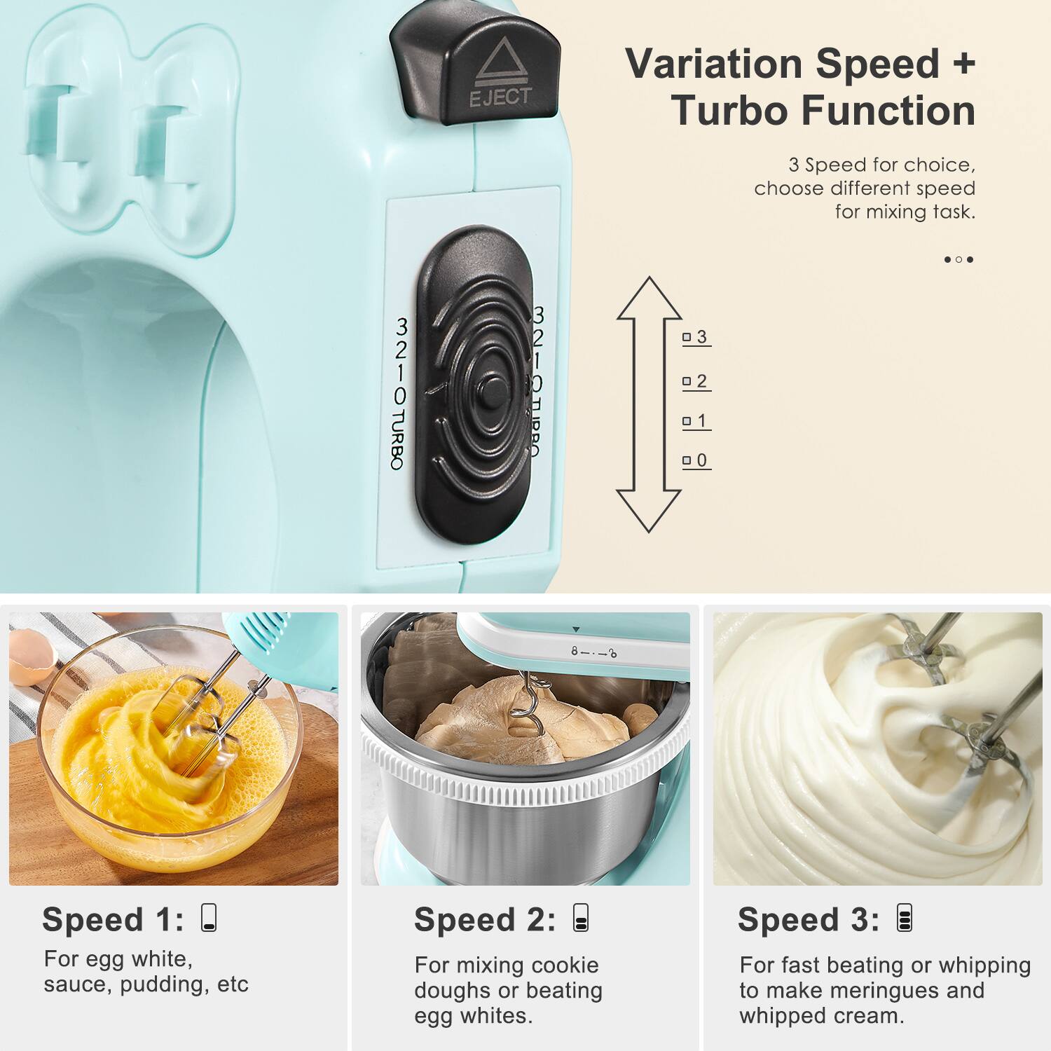 Variation Speed + Turbo Function

3 Speed for choice, choose different speed for mixing task.

Speed 1: For egg white, sauce, pudding, etc

Speed 2: For mixing cookie doughs or beating egg whites.

Speed 3: For fast beating or whipping to make meringues and whipped cream.