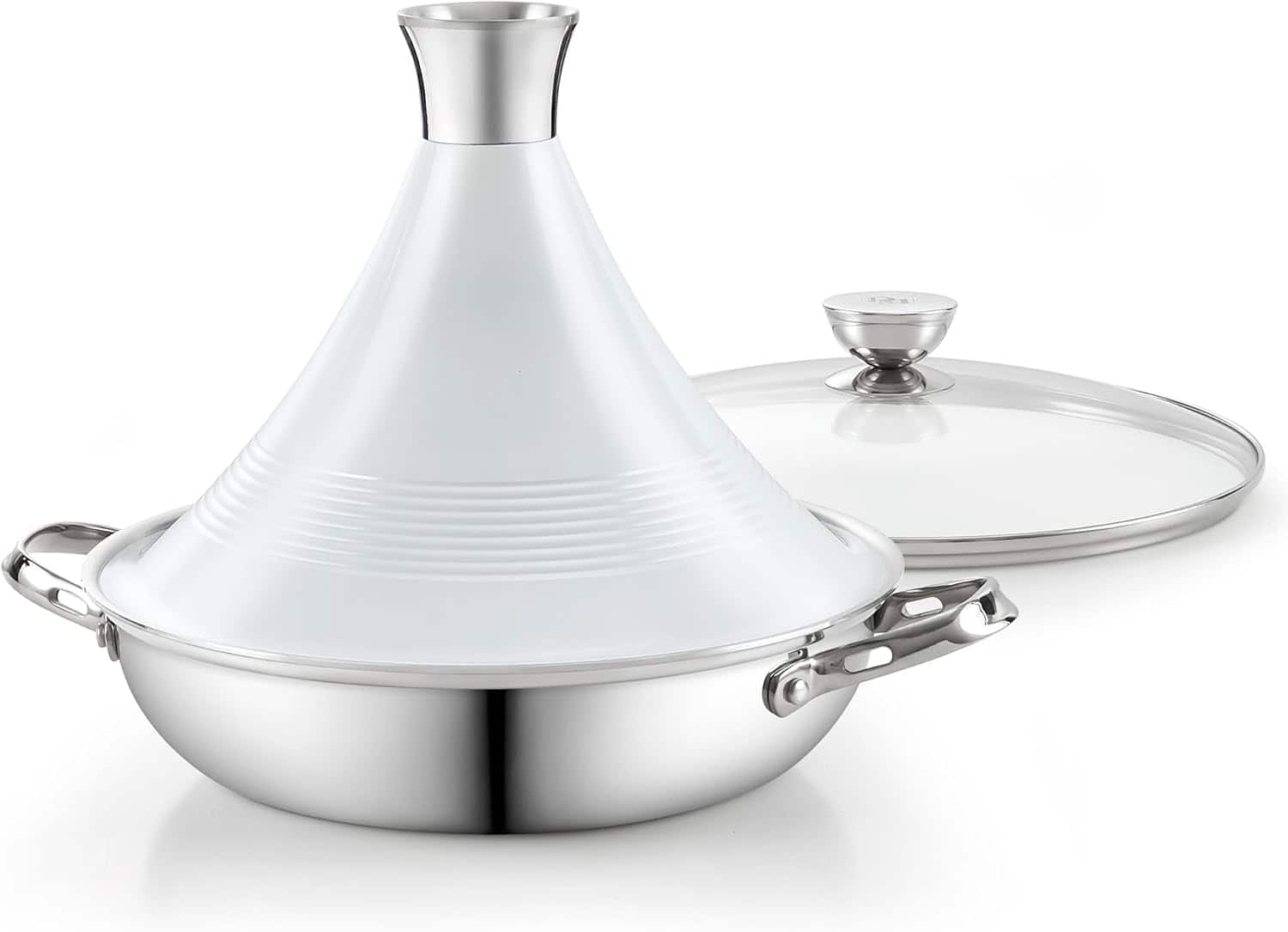 D&M - MultiPly Clad Stainless Steel Tagine Pot, 11 Inch 3.6 Quart Moroccan Clay Tagine Pot, Traditional Cooking Pot - white