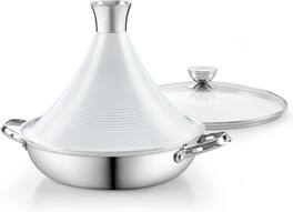 D&M - MultiPly Clad Stainless Steel Tagine Pot, 11 Inch 3.6 Quart Moroccan Clay Tagine Pot, Traditional Cooking Pot - white