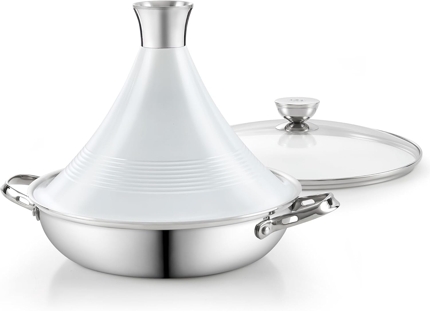 Front. D&M - MultiPly Clad Stainless Steel Tagine Pot, 11 Inch 3.6 Quart Moroccan Clay Tagine Pot, Traditional Cooking Pot - white.