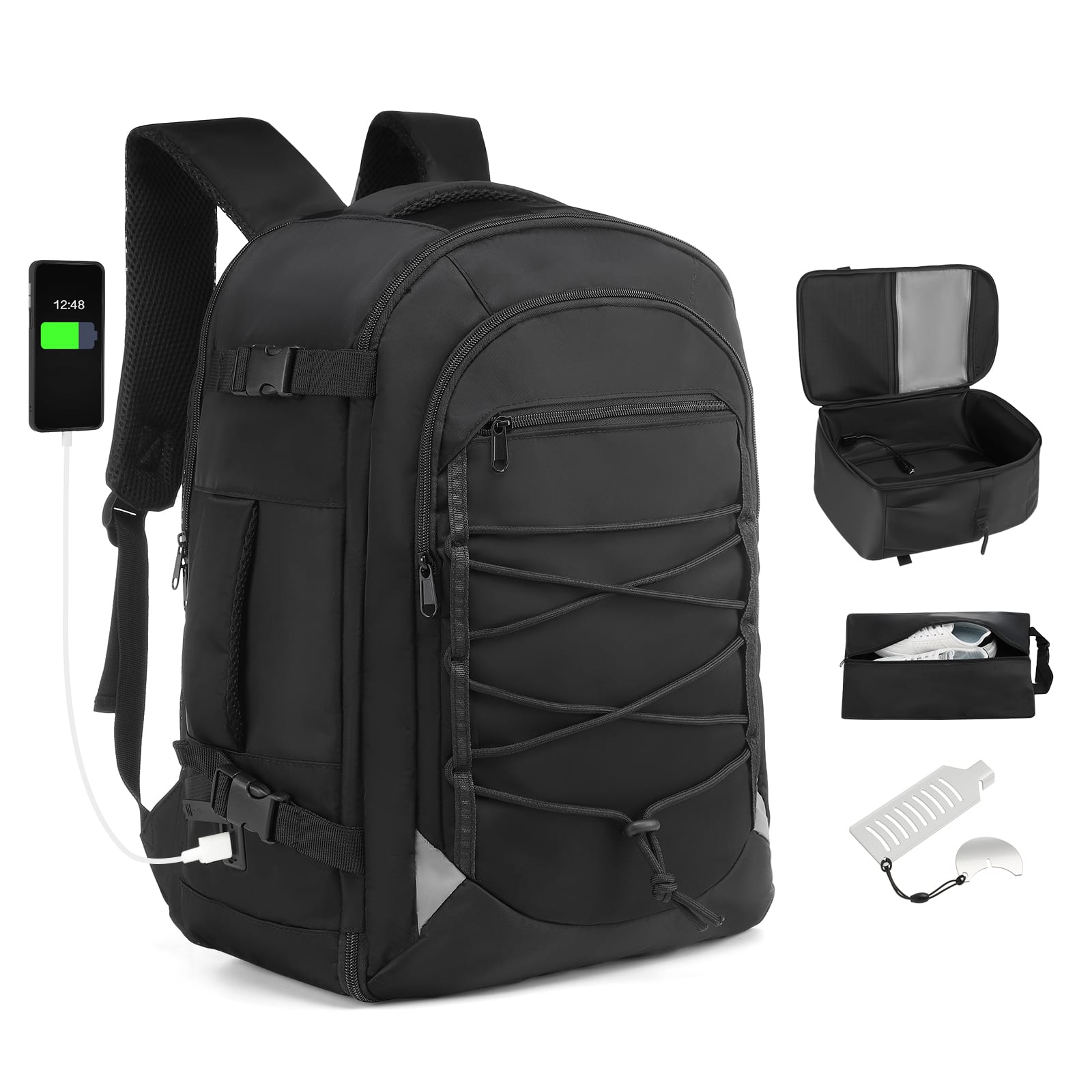 Unique Bargains - Carry on Travel Backpack, Flight Approved Personal Item, Door Lock, USB A/C, Shoe Bag, Fits 16" Laptop - Black