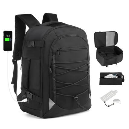Front. Unique Bargains - Carry on Travel Backpack, Flight Approved Personal Item, Door Lock, USB A/C, Shoe Bag, Fits 16" Laptop - Black.