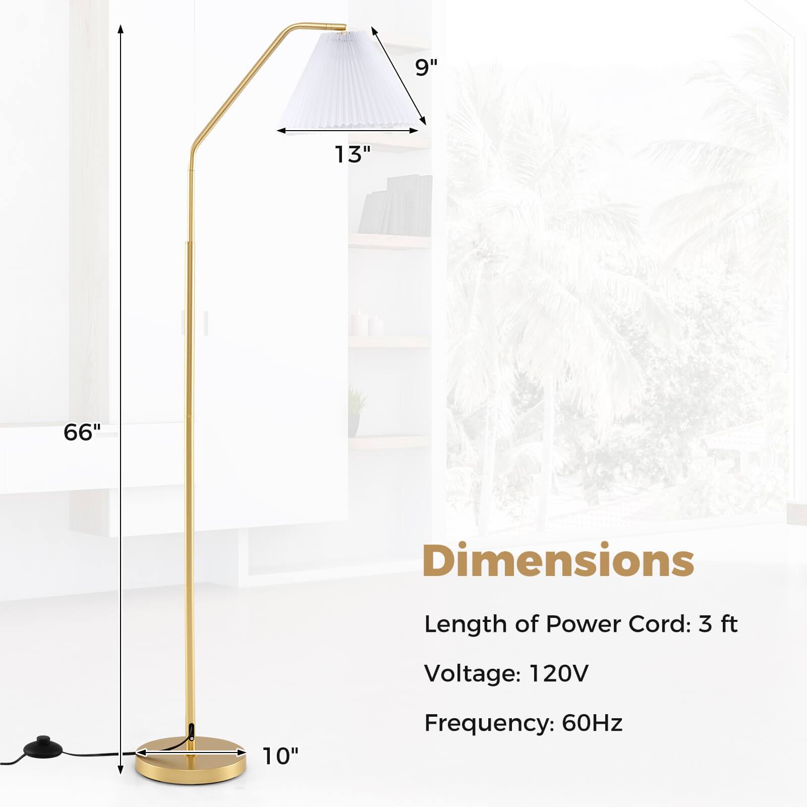Dimensions:
- Length of Power Cord: 3 ft
- Voltage: 120V
- Frequency: 60Hz

Dimensions:
- Height: 66"
- Width: 10"
- Depth: 13"
- Lampshade: 9"