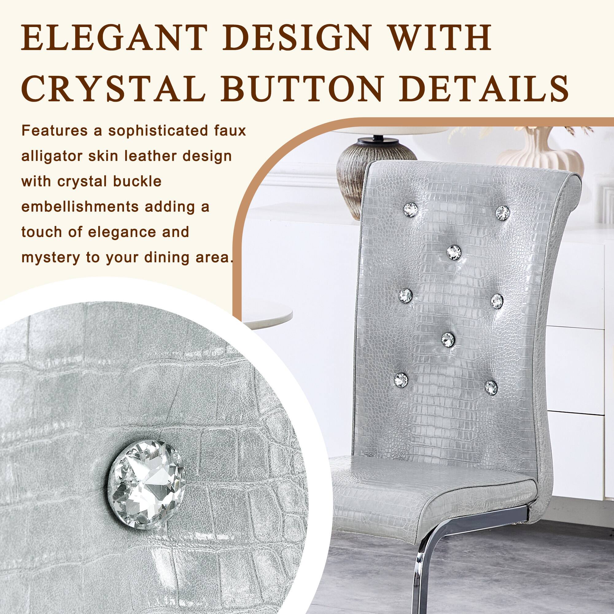 ELEGANT DESIGN WITH CRYSTAL BUTTON DETAILS

Features a sophisticated faux alligator skin leather design with crystal buckle embellishments adding a touch of elegance and mystery to your dining area.