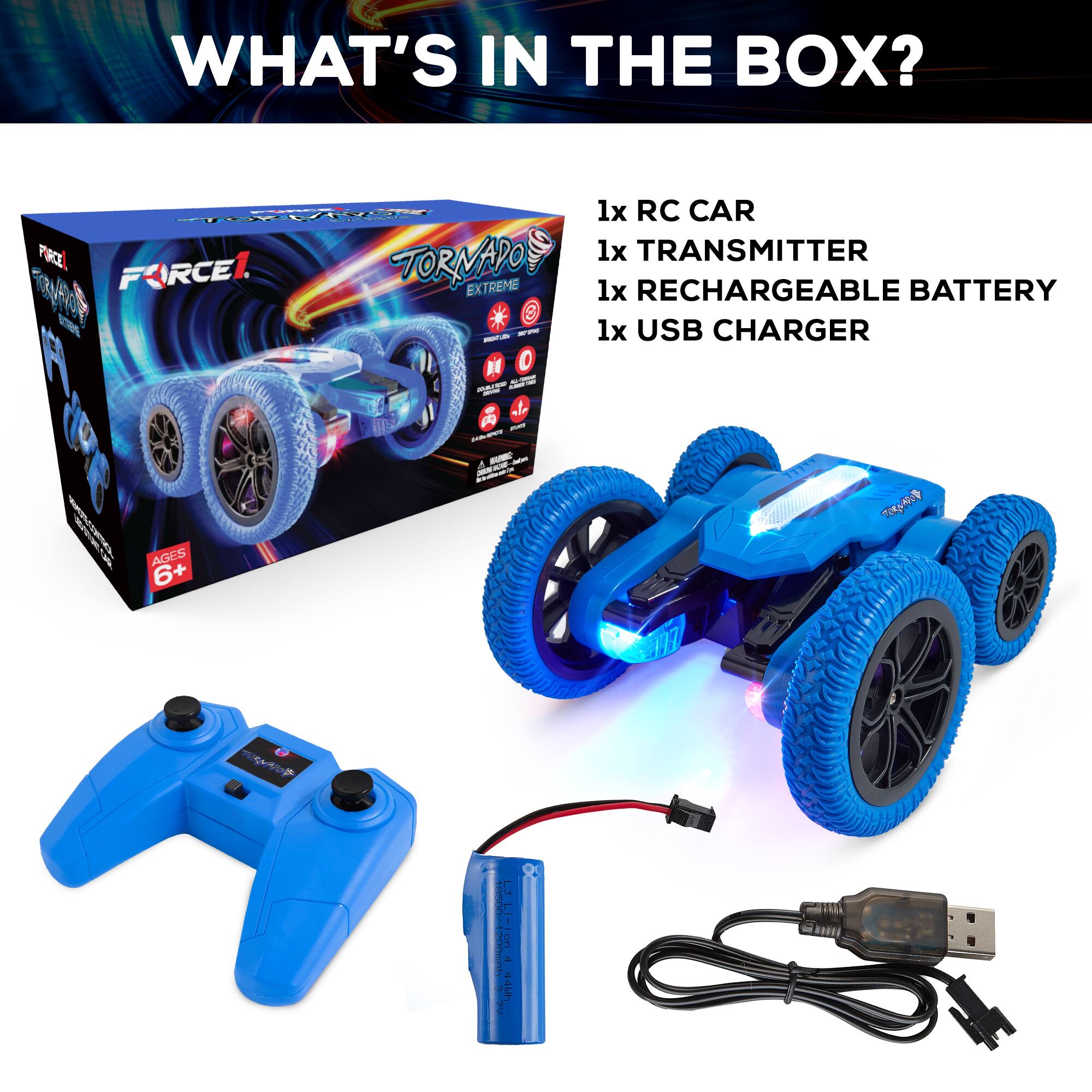 WHAT'S IN THE BOX? 1x RC CAR 1x TRANSMITTER 1x RECHARGEABLE BATTERY 1x USB CHARGER