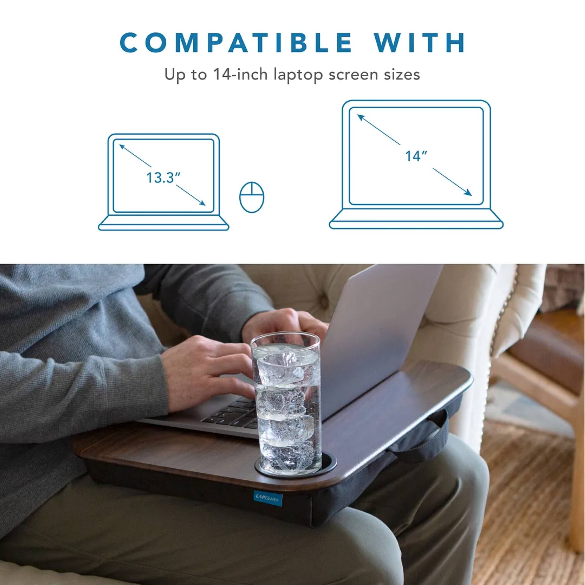 The text on the image reads "COMPATIBLE WITH Up to 14-inch laptop screen sizes 13.3" 14" LAPOLARE."