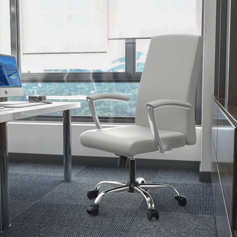 Angle. LeisureMod - Evander Adjustable High-Back Office Chair Upholstered Leather Seat with Swivel and Tilt Ergonomic Desk Chair - White.