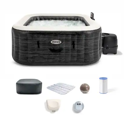 Front. Intex - Intex PureSpa Greystone Deluxe 4 Person Inflatable Hot Tub Square Spa, 69" x 28" - Gray.
