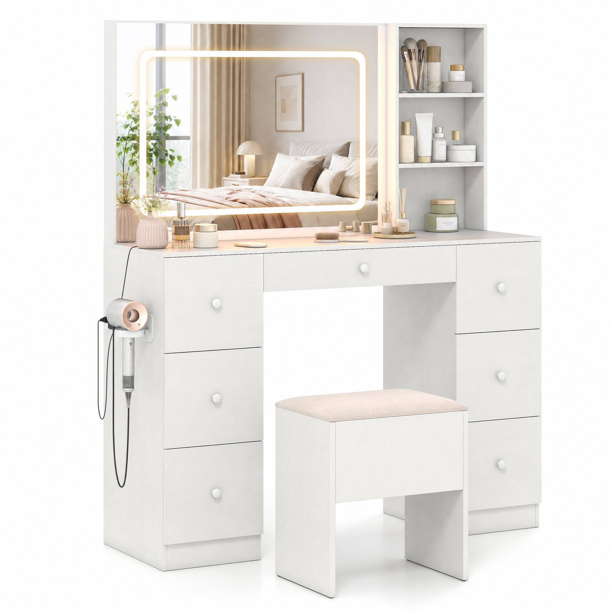 Left. WELLFOR - Vanity Desk Set with Lighted Mirror & Charging Station, Modern Makeup Vanity with Storage Stool & Hair Dryer Stand - White.