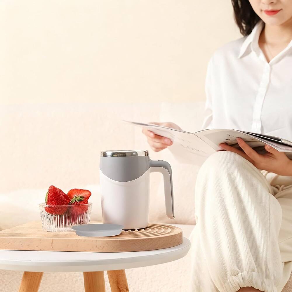 Back. Schertz - USB Rechargeable Electric Self-Stirring Coffee Mug, 12.9oz Insulated Grey - Gray.