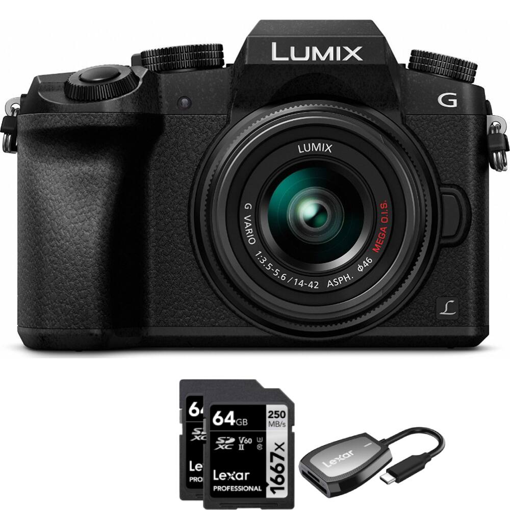 Panasonic - LUMIX G7 4K UHD DSLM Camera with 14-42mm Lens Black + 64GB Dual Bundle