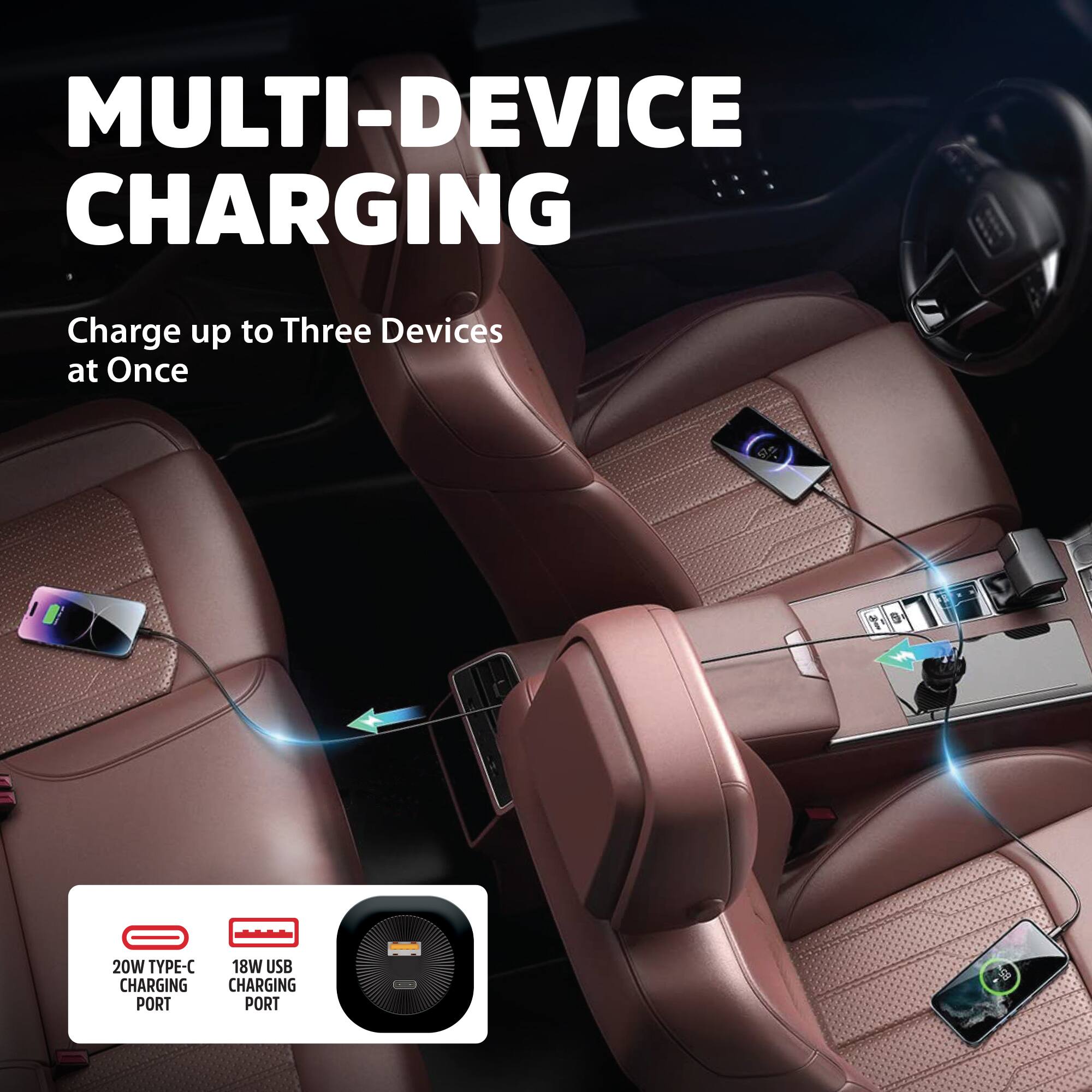 MULTI-DEVICE CHARGING  
Charge up to Three Devices at Once  

20W TYPE-C CHARGING PORT  
18W USB CHARGING PORT