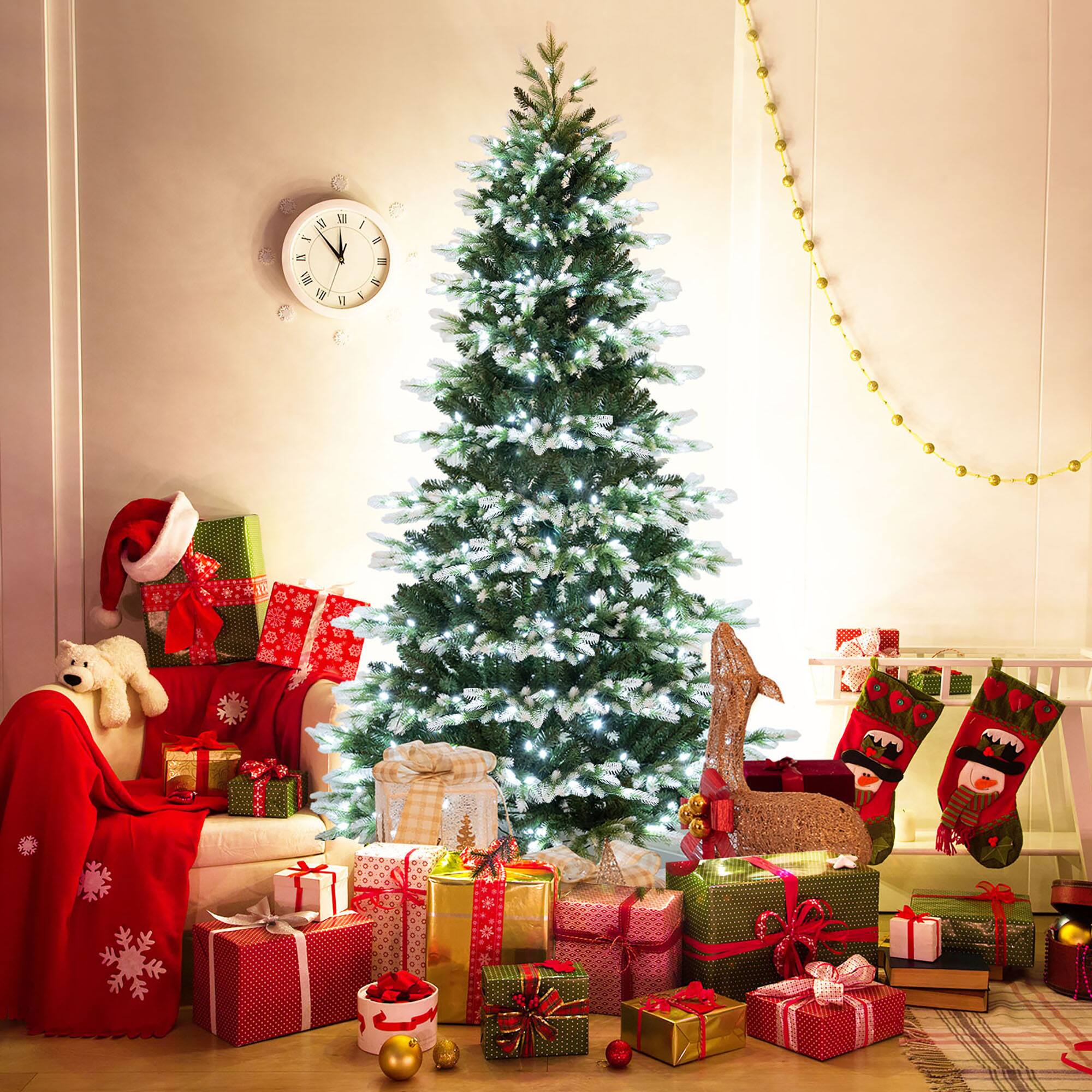 Alt View 3. Gymax - Gymax 7 FT Per-Lit Artificial Christmas Tree Hinged Xmas Tree w/ Quick Power Connector - Green, White.