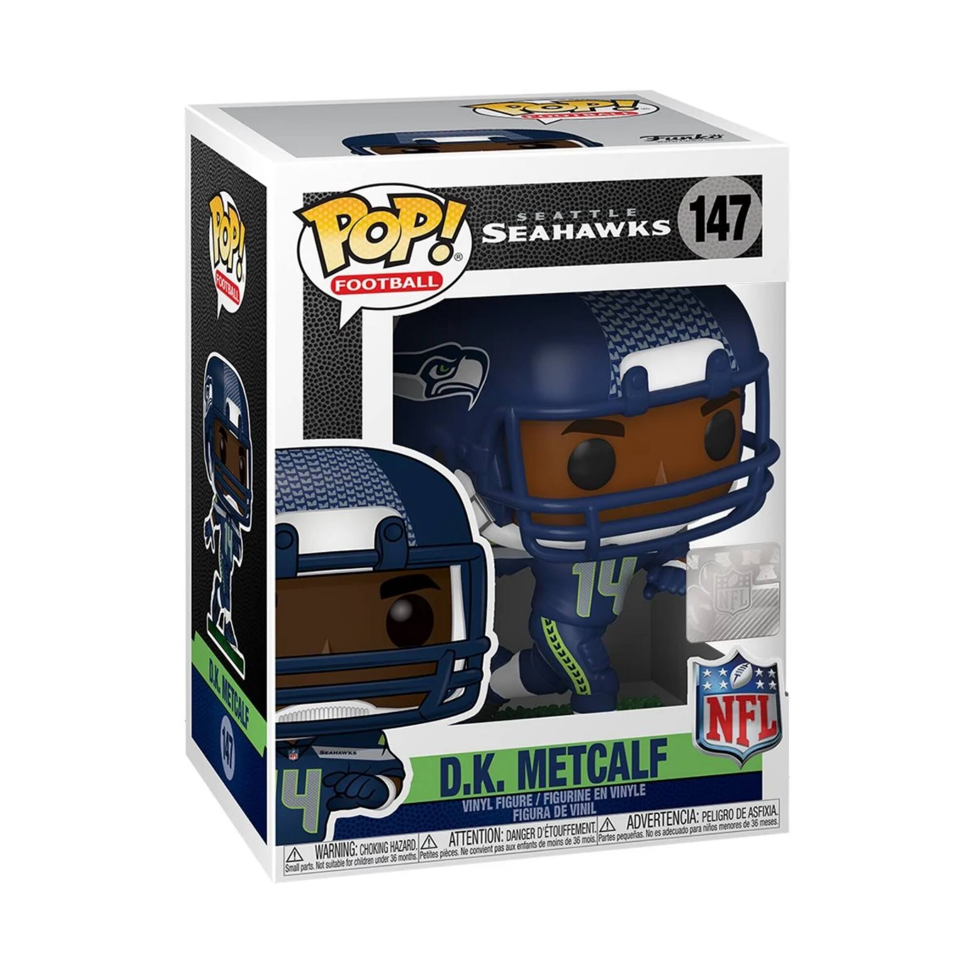 Seattle Seahawks  
147  
Pop! Football  
D.K. Metcalf  
Vinyl Figure / Figurine en Vinyle / Figura de Vinilo  
Warning: Choking Hazard - Small parts. Not for children under 3 years.  
Advertencia: Peligro de asfixia - Piezas pequeñas. No es adecuado para niños menores de 3 años.  
Attention: Danger de suffocation - Petits éléments. Ne convient pas aux enfants de moins de 3 ans.