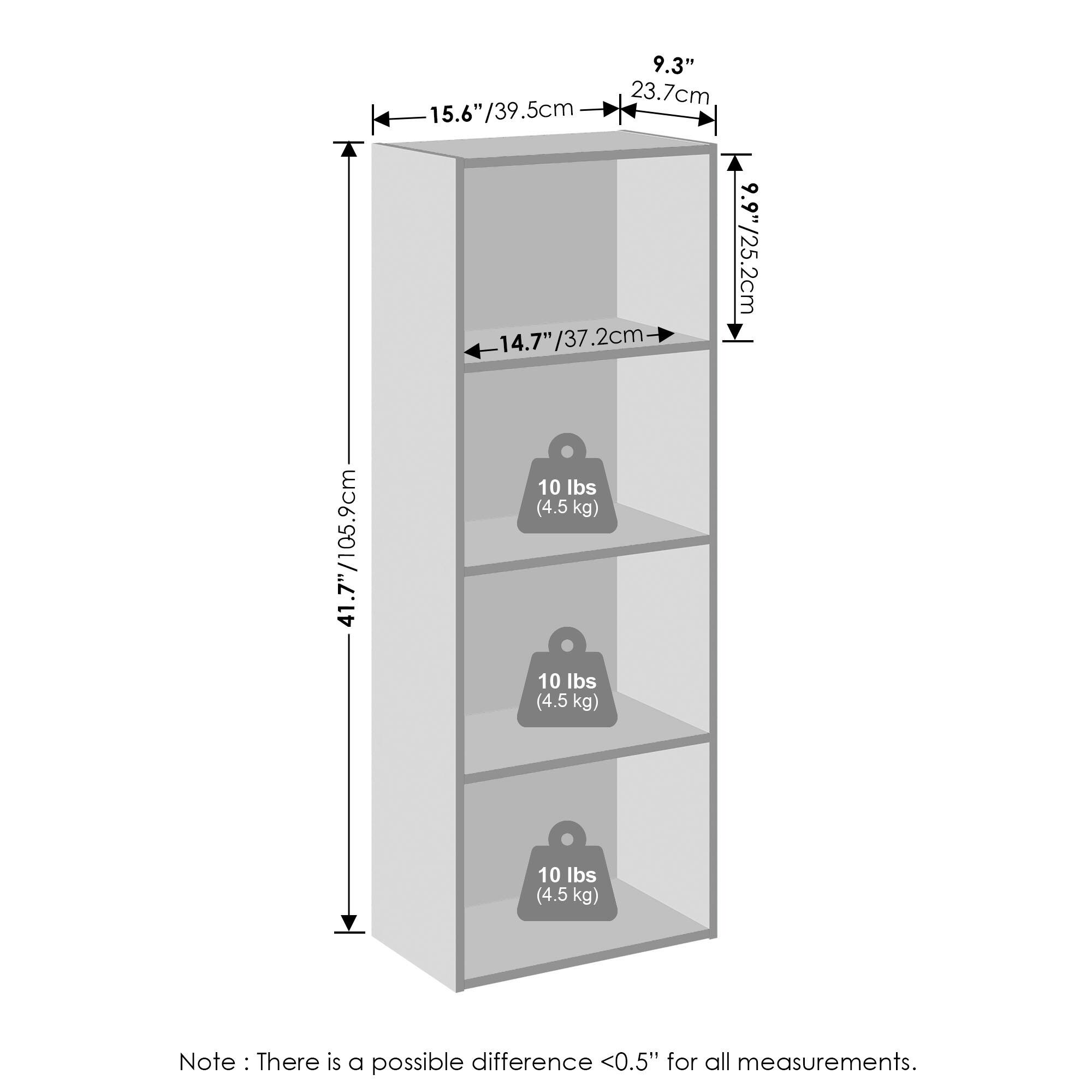 9.3" / 23.7cm  
15.6" / 39.5cm  
9.9" / 25.2cm  
14.7" / 37.2cm  
41.7" / 105.9cm  
10 lbs (4.5 kg)  
10 lbs (4.5 kg)  
10 lbs (4.5 kg)  

Note: There is a possible difference <0.5" for all measurements.