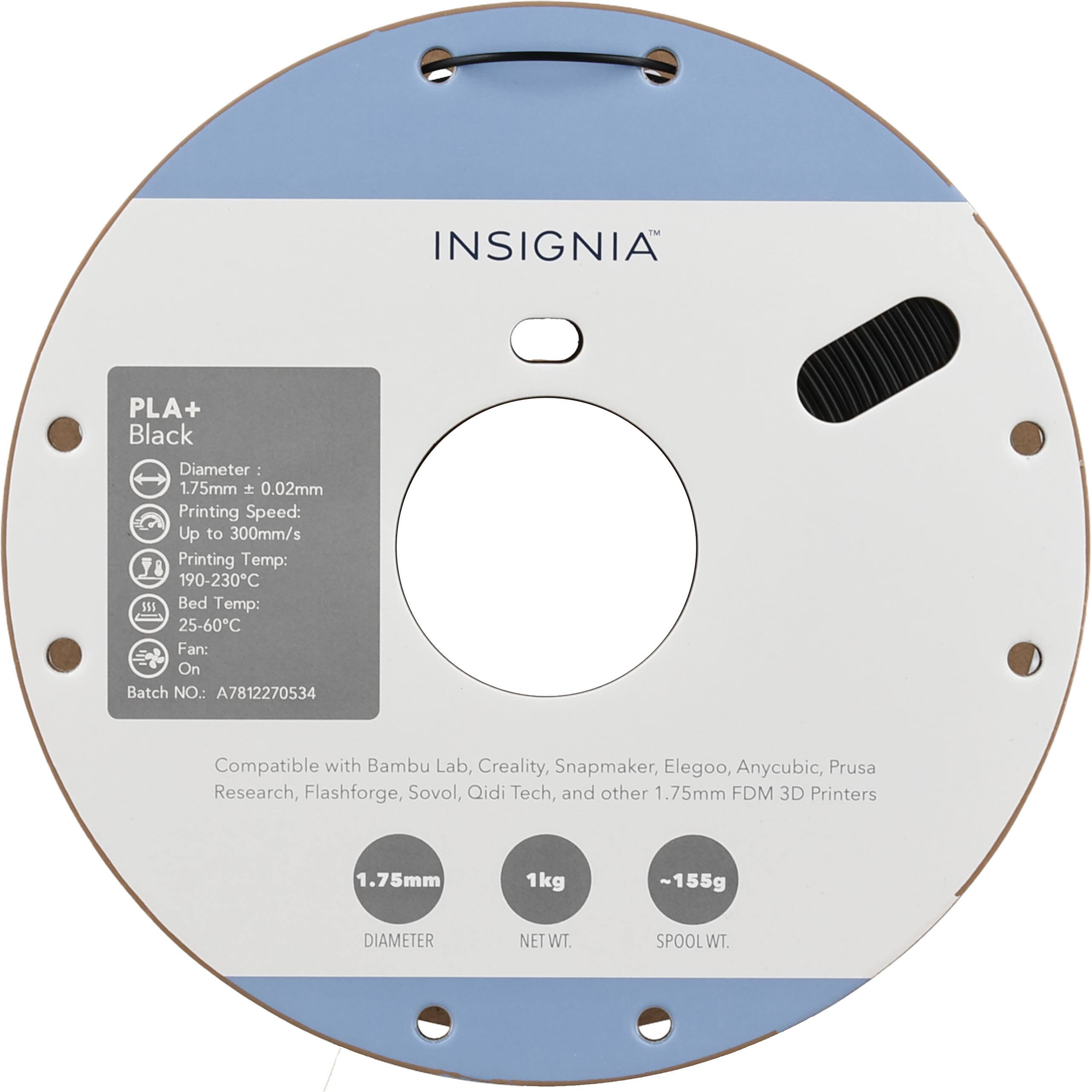 TM INSIGNIA PLA+ Black  
Diameter: 1.75mm ± 0.02mm  
Printing Speed: Up to 300mm/s  
Printing Temp: 190-230°C  
Bed Temp: 25-60°C  
Fan: On  
Batch NO.: A7812270534  
Compatible with Bambu Lab, Creality, Snapmaker, Elegoo, Anycubic, Prusa Research, Flashforge, Sovol, Qidi Tech, and other 1.75mm FDM 3D Printers  
1.75mm  
1kg ~155g  
DIAMETER ETWT SPOOL WT.