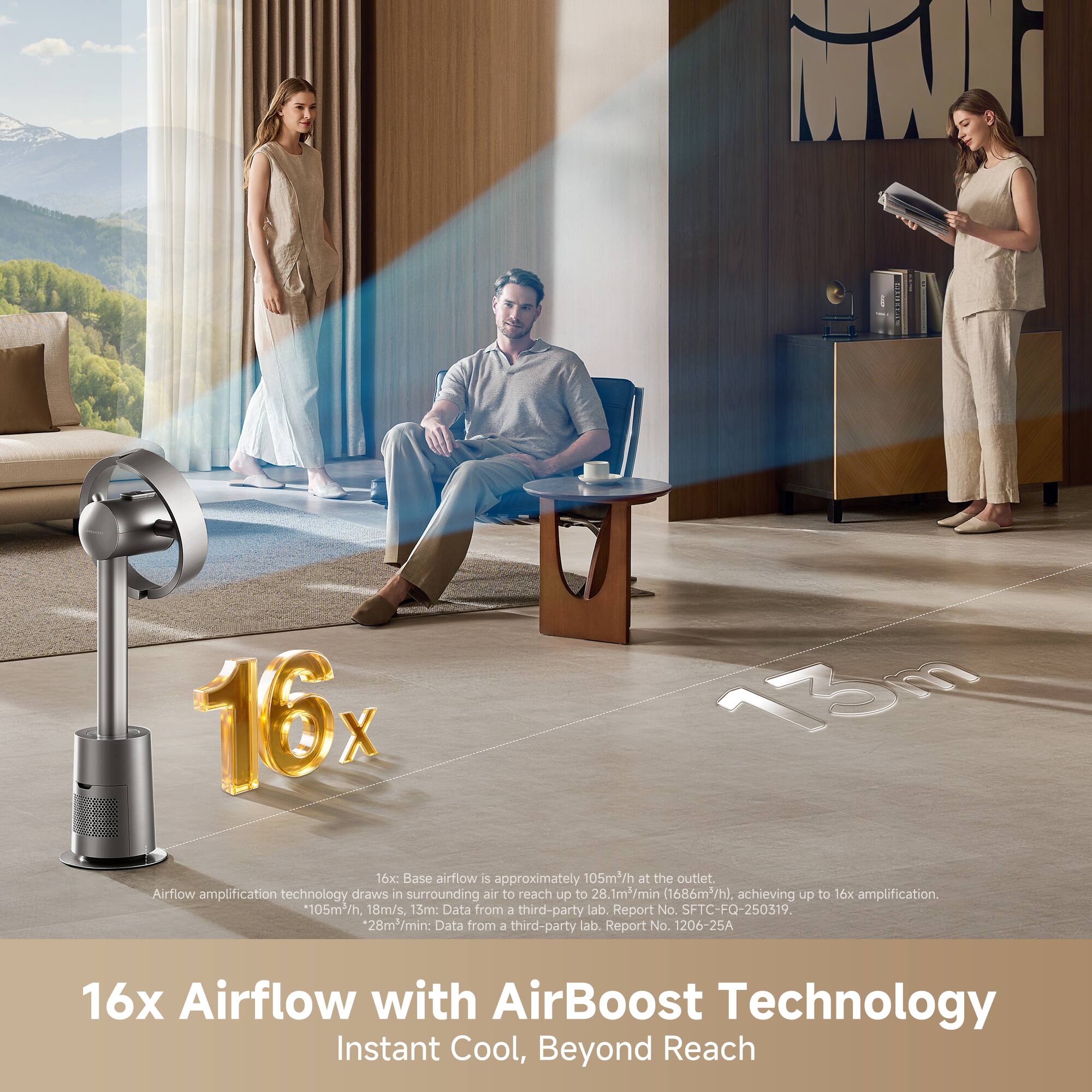 MW 16x 15m

16x: Base airflow is approximately 105m/h at the outlet. Airflow amplification technology draws in surrounding air to reach up to 28.1m²/min (1686m/h), achieving up to 16x amplification.

15m: Data from a third-party lab. Report No. SFTC-FQ-250319, *28m/min: Data from a third-party lab. Report No. 1206-25A

16x Airflow with AirBoost Technology
Instant Cool, Beyond Reach