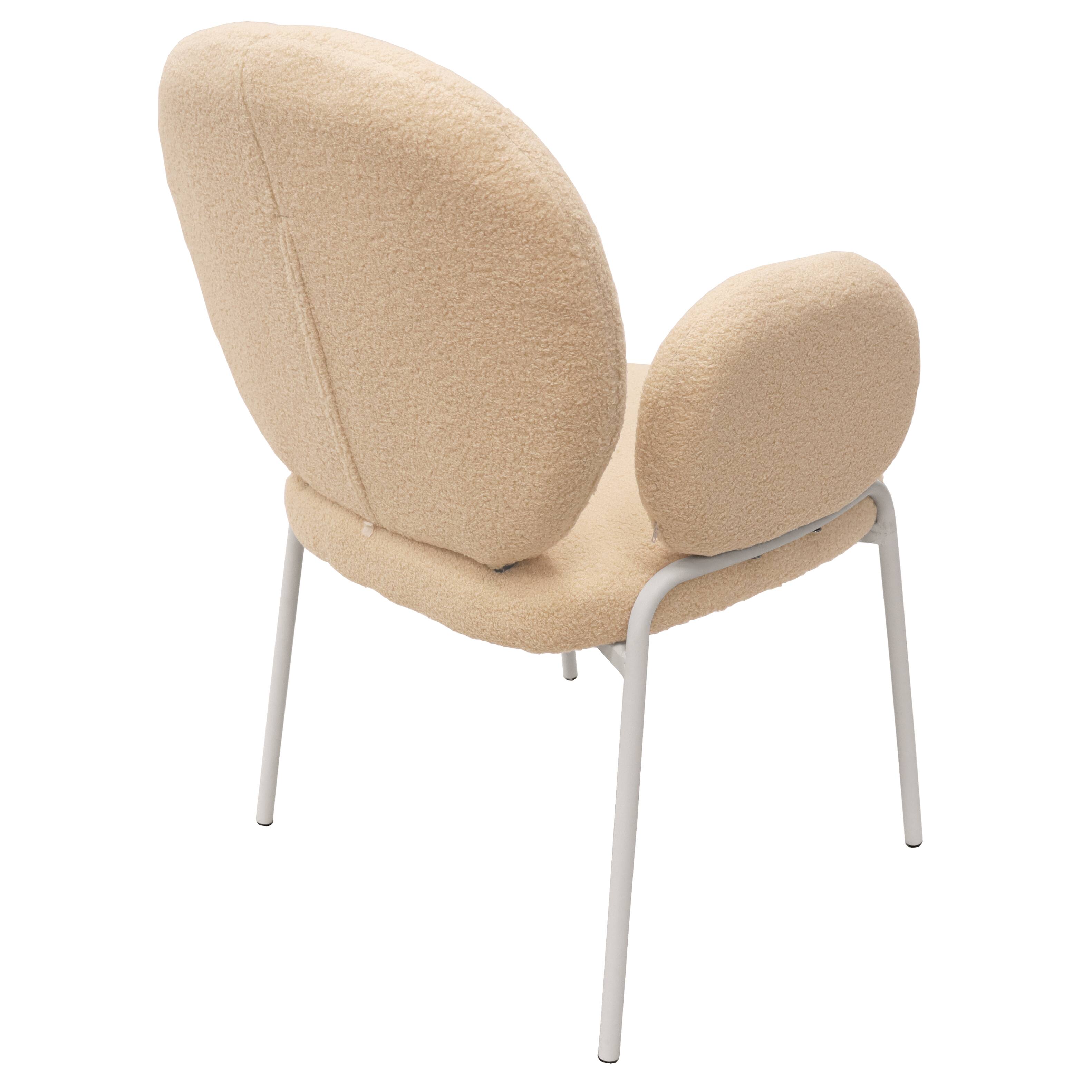 Alt View 2. LeisureMod - Celestial Modern Boucle Dining Chair with Arms, Textured Fabric Upholstered Armchair - White Metal Frame Kitchen Chair - Beige.