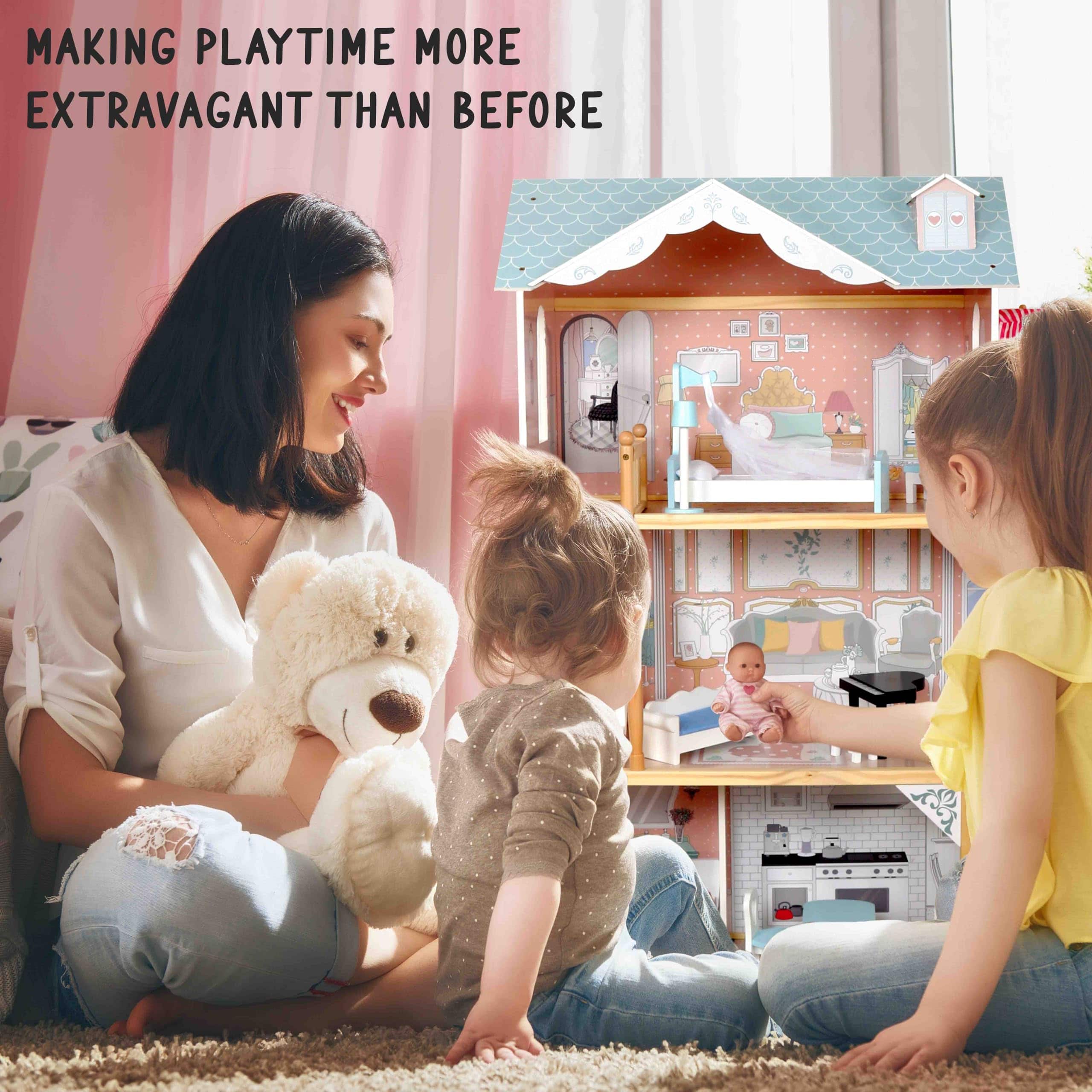 Lil' Jumbl Kids Wooden Dollhouse, 3 Story X Large Doll House with