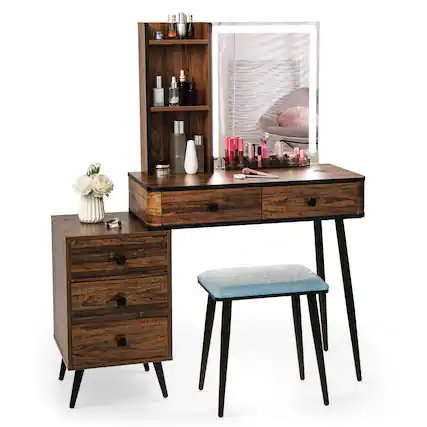 Front. Costway - Costway Vanity Set with Dimmable Lighted Mirror 3 Lighting Modes - Brown.