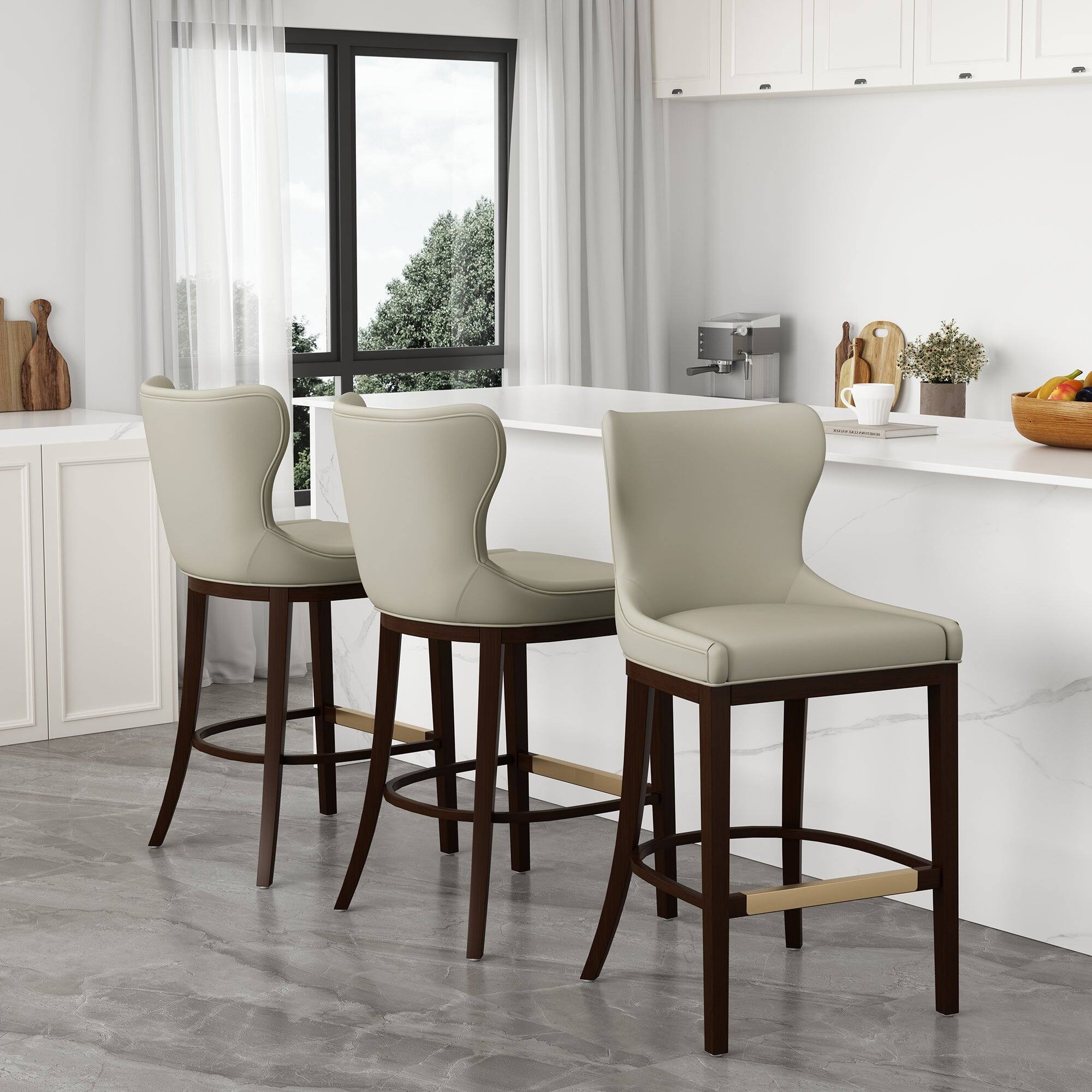 Angle. Manhattan Comfort - Blair Modern Wood Upholstered Barstool - Set of 3 - Stone.